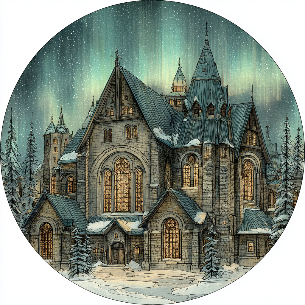 Majestic Cathedral in Winter Nighttime Art Product