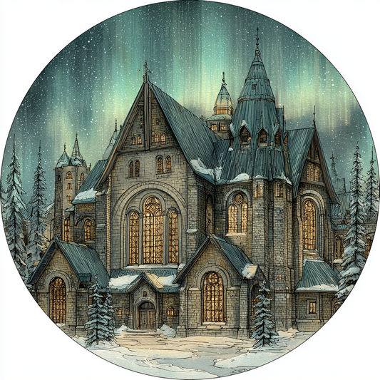 Majestic Cathedral in Winter Nighttime Art Product