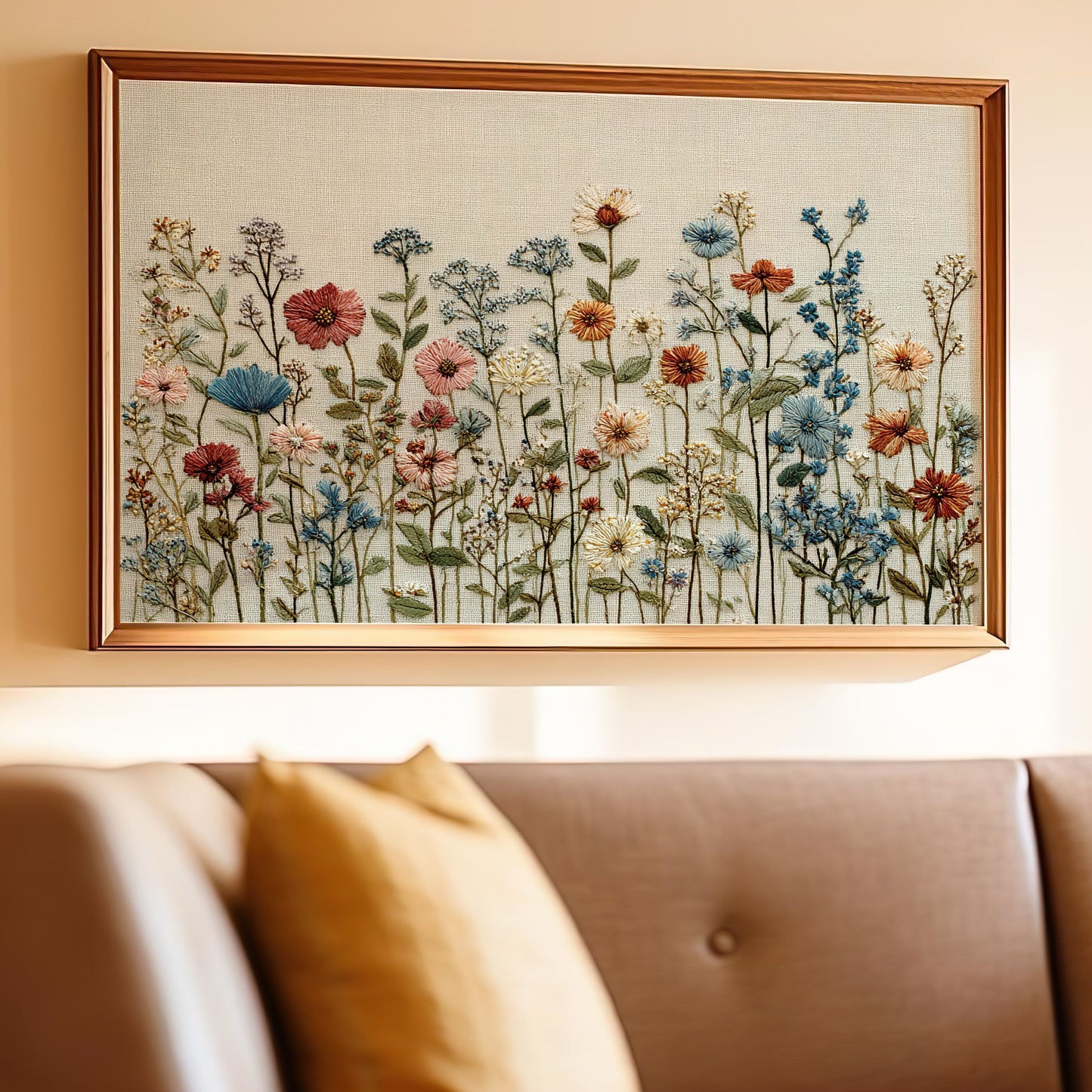 Embroidered wall art of colorful wildflowers in a wooden frame above a brown leather sofa.