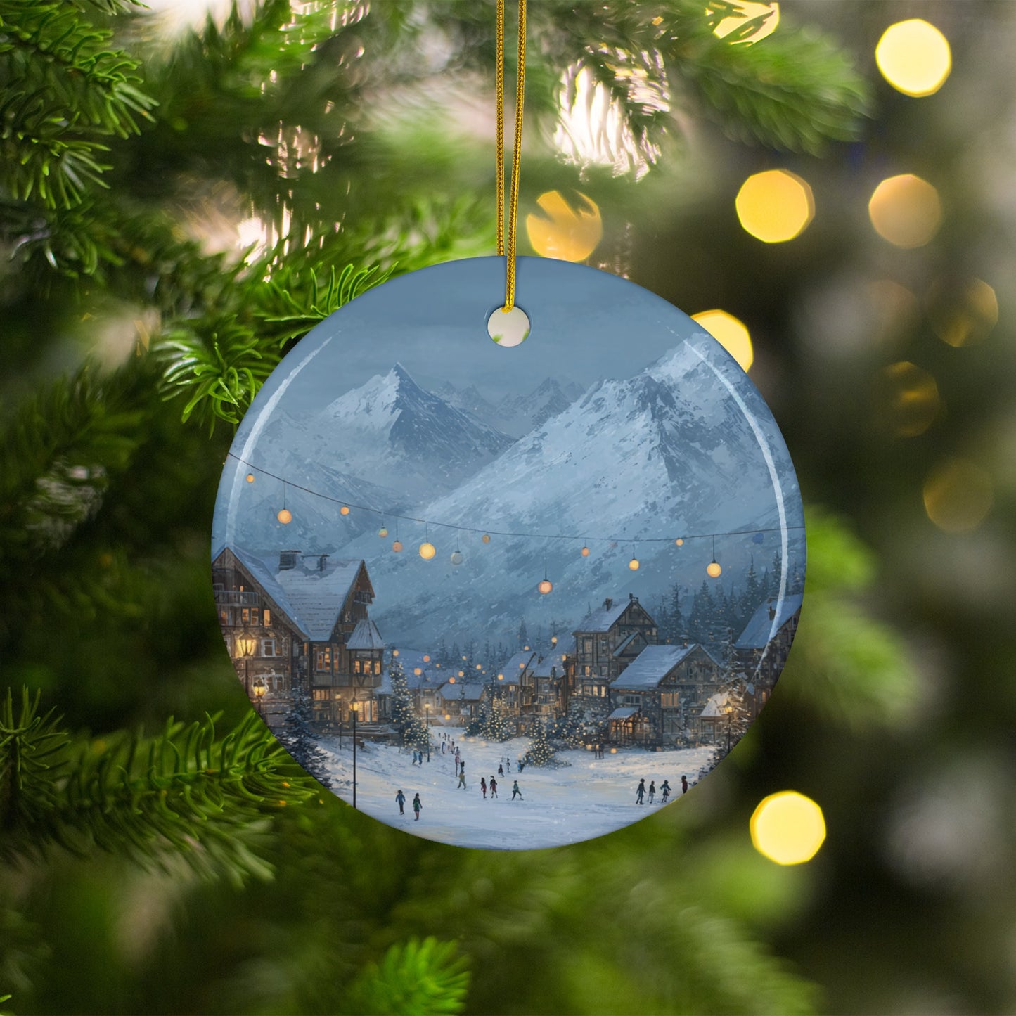 Snowy Village Scene with Lights Christmas Ornament