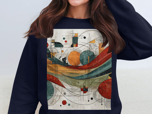 Abstract Geometric Organic Shapes Art Red Orange Teal Sweatshirt product type
Abstract art
Geometric design
Organic shapes
Modern aesthetic
Contemporary style
Graphic sweatshirt
Artistic print
Unique pattern
Colorful design
Red orange teal
Navy blue base
Crewneck top
Pullover shirt
Stylish fashion
Casual apparel
Distressed look
Abstract painting
Avant garde
Eclectic motif
Abstract circles