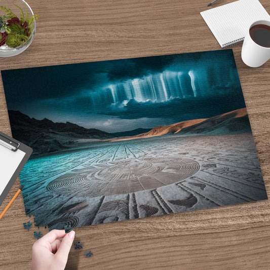 Desert sand art under aurora borealis with mountains and clouds.