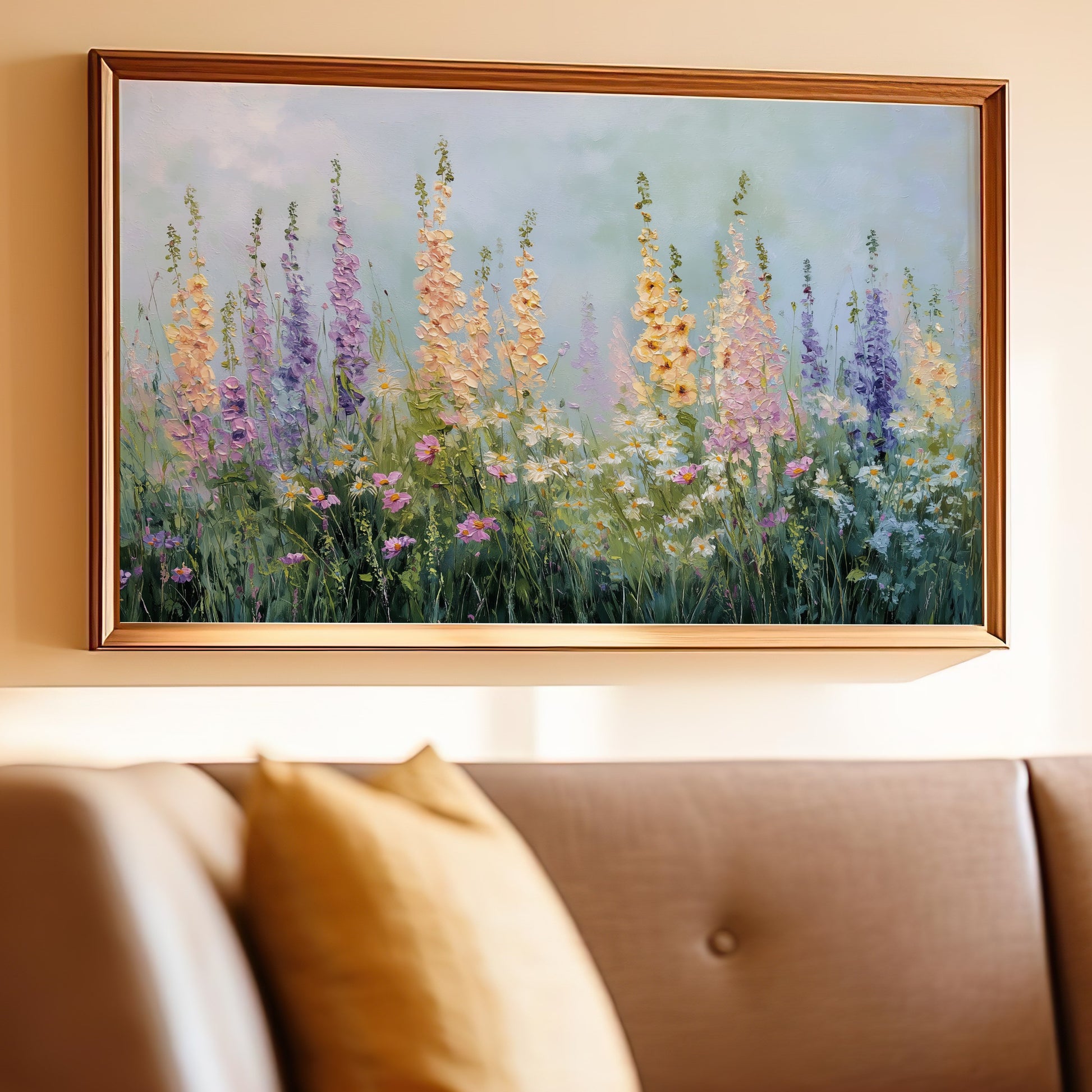Floral oil painting of tall foxglove flowers in purple, pink, and yellow hues.
