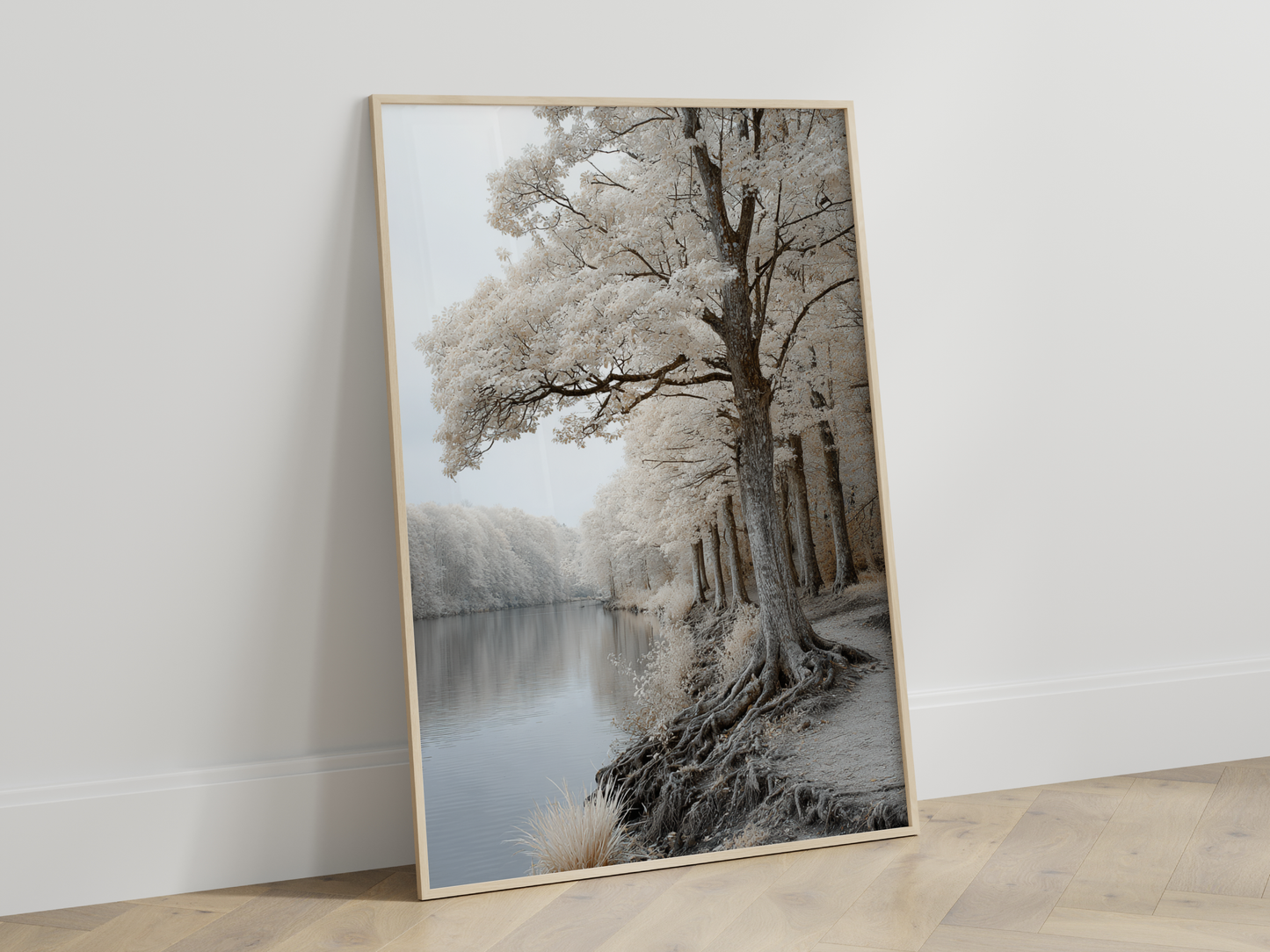 Serene Frosty Forest Beside Calm River Art Print Product
