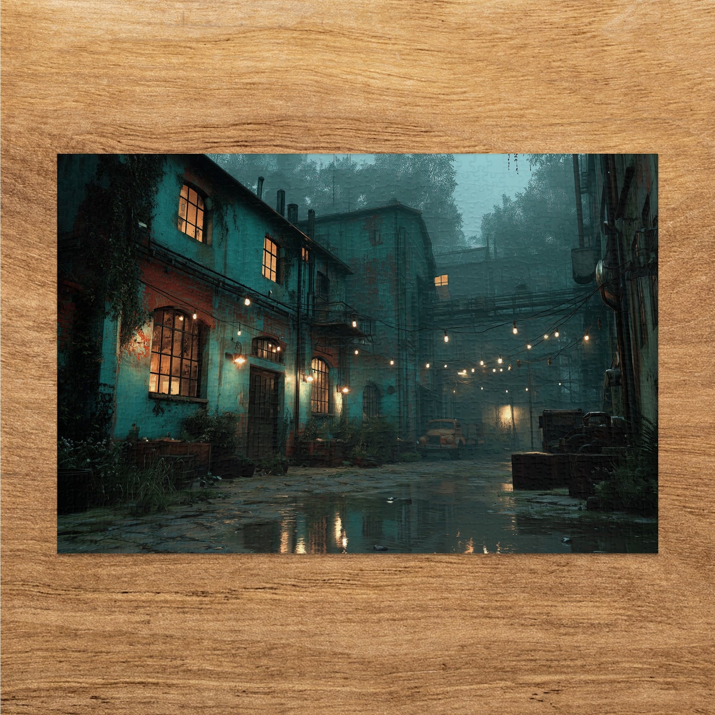 Glows from industrial buildings illuminate a wet street at night.
