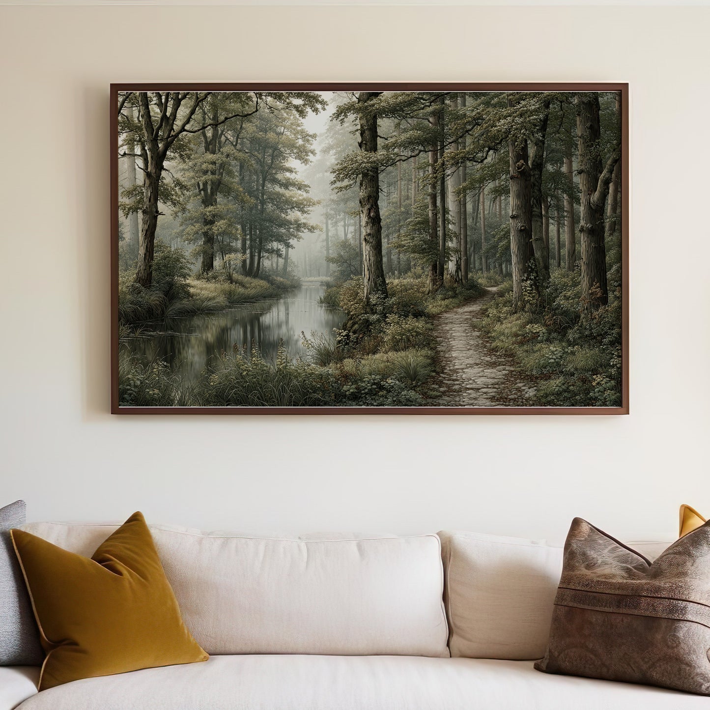 Serene Forest Path through Misty Trees Art Print