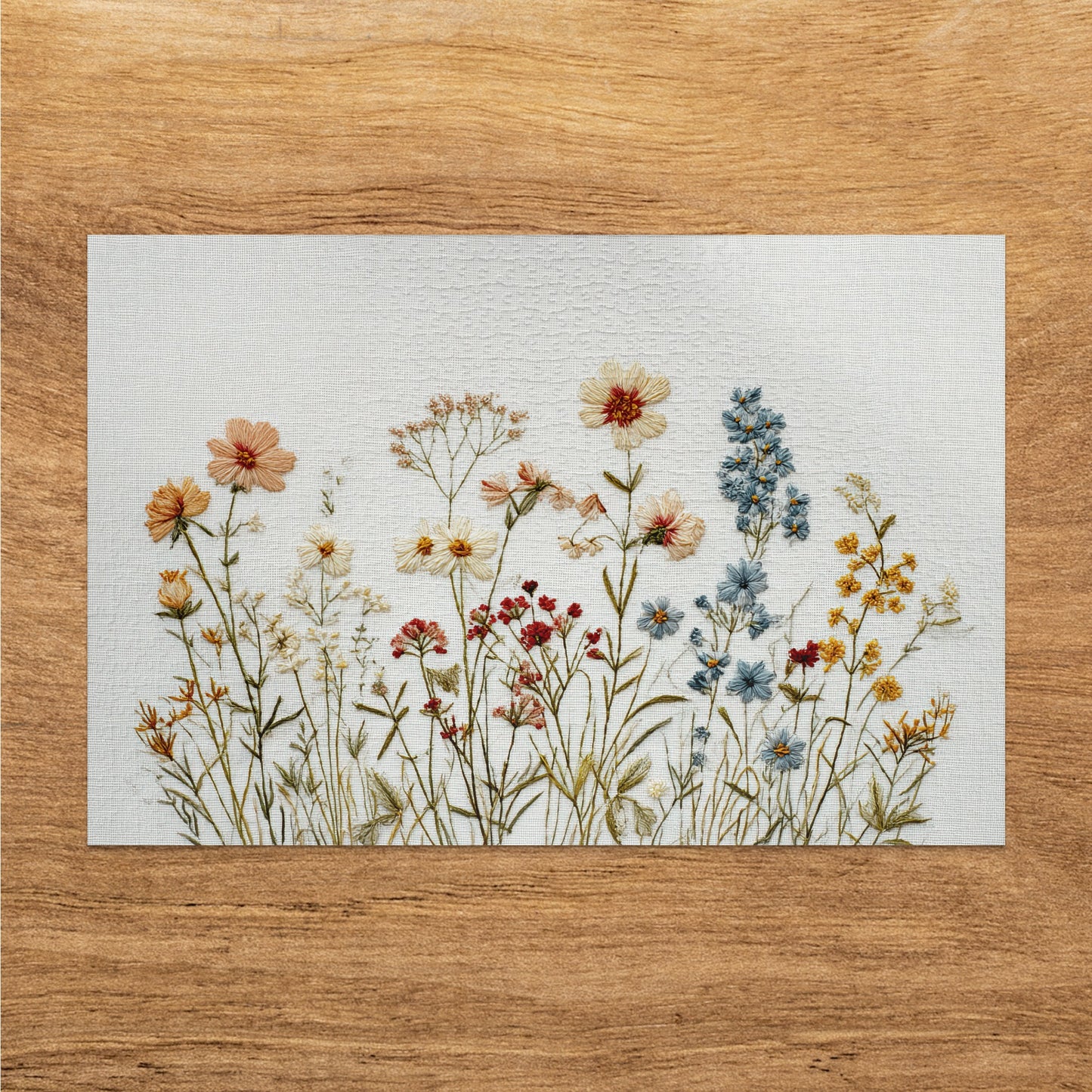Embroidery of wildflowers on textured paper against a wooden background.