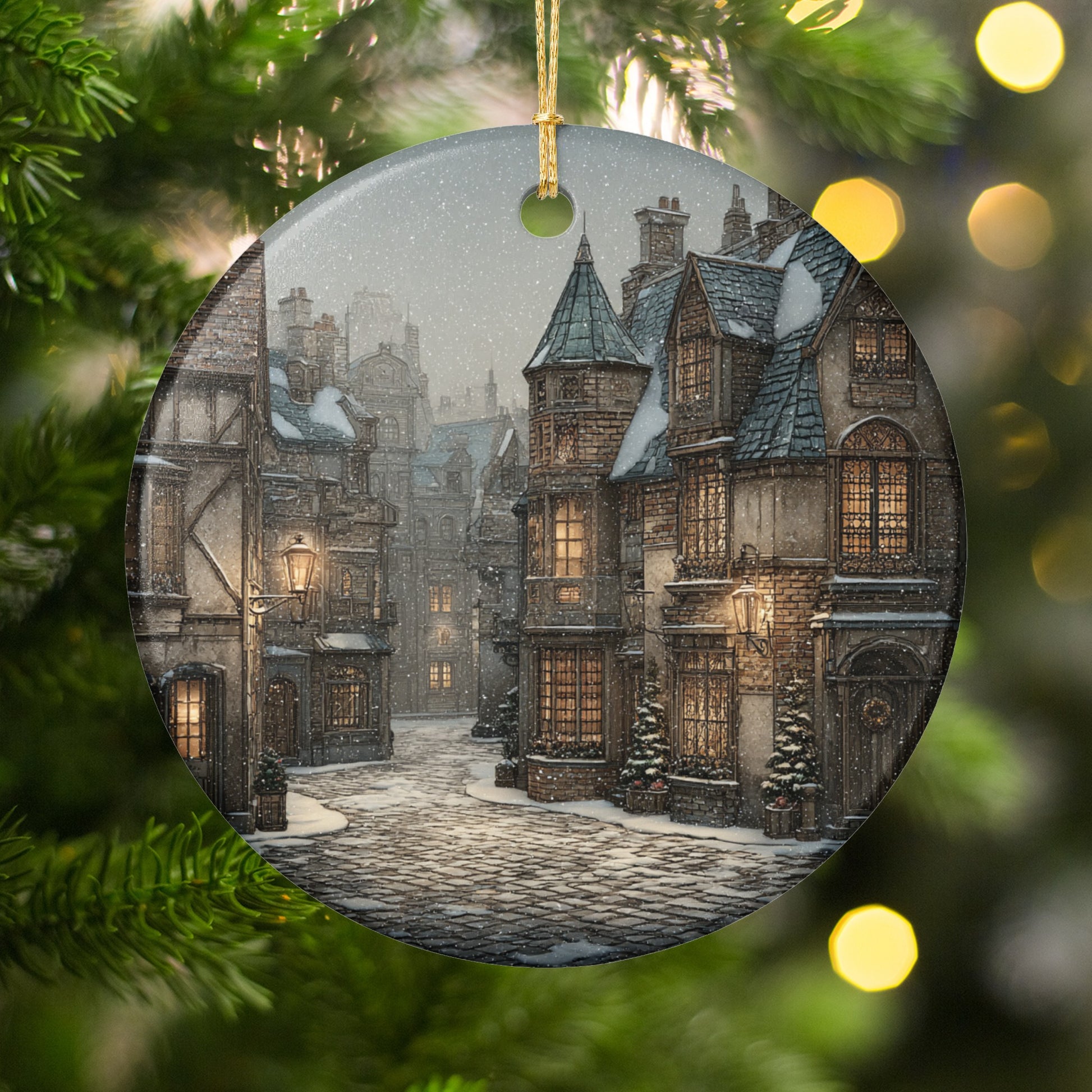 Snowy Christmas Village Scene Holiday Ornament