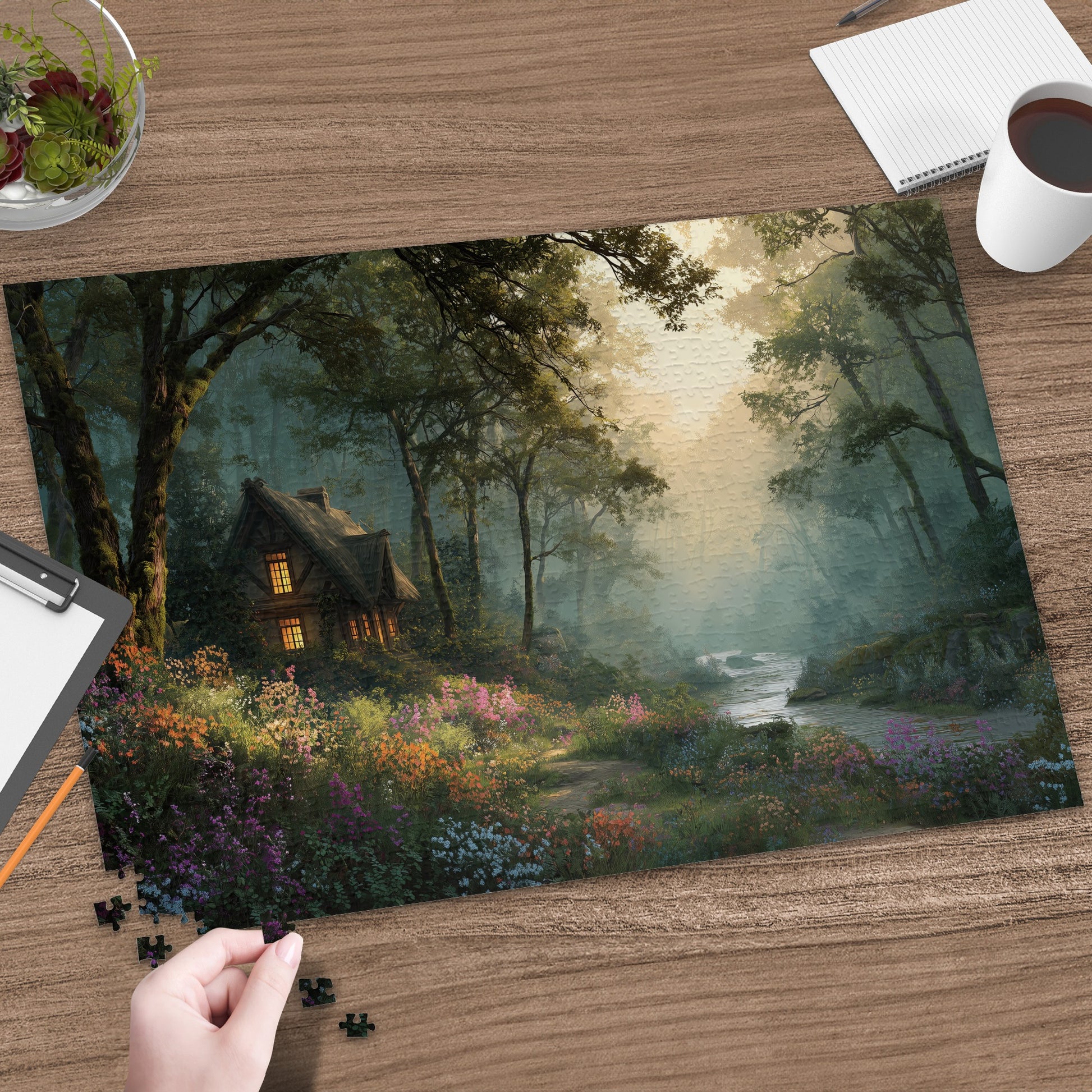 Enchanted Forest Cottage Glowing Windows River Flowers product type