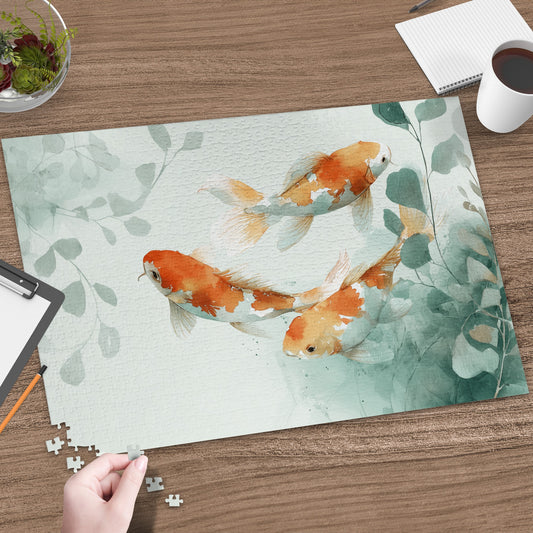 Watercolor Koi Fish Green Leaf Art Jigsaw product type
