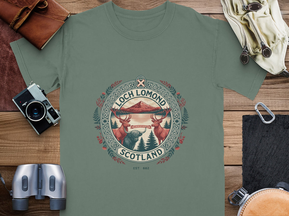 T-shirt with Loch Lomond Scotland graphic featuring highland cow and deer.