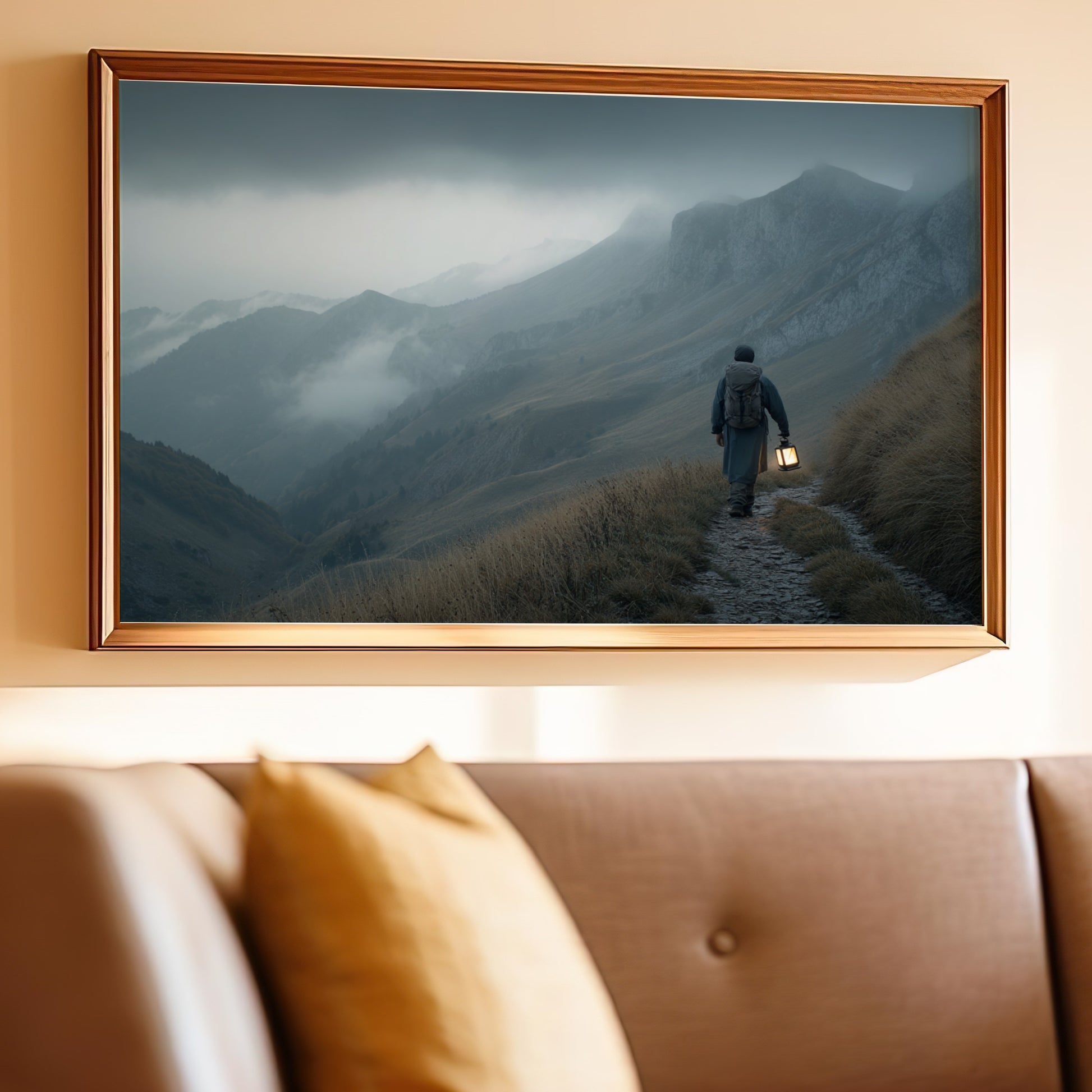 Peaceful Mountain Walk in Foggy Landscape Poster