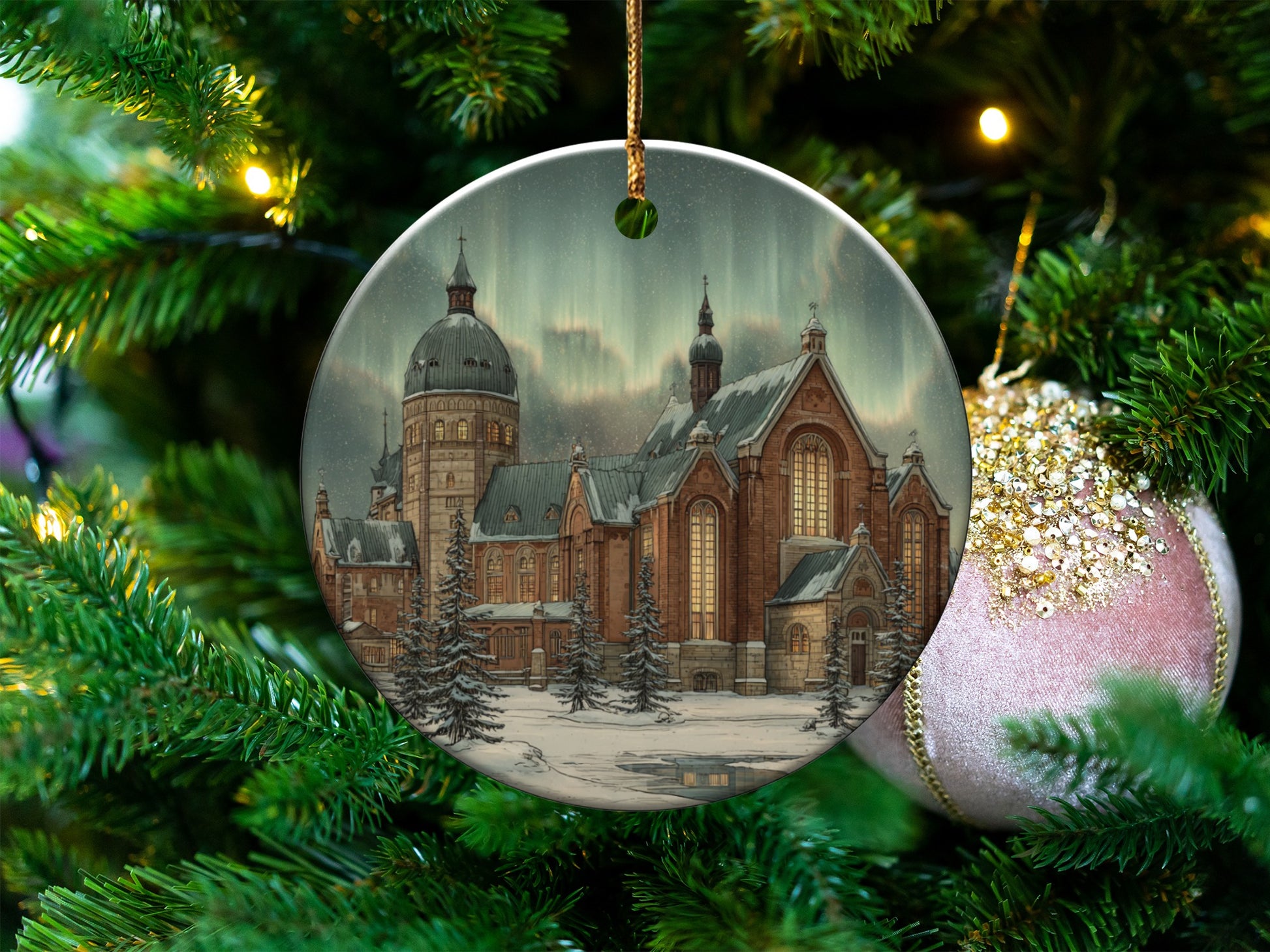 Festive Christmas Tree with Church Scene Ornament