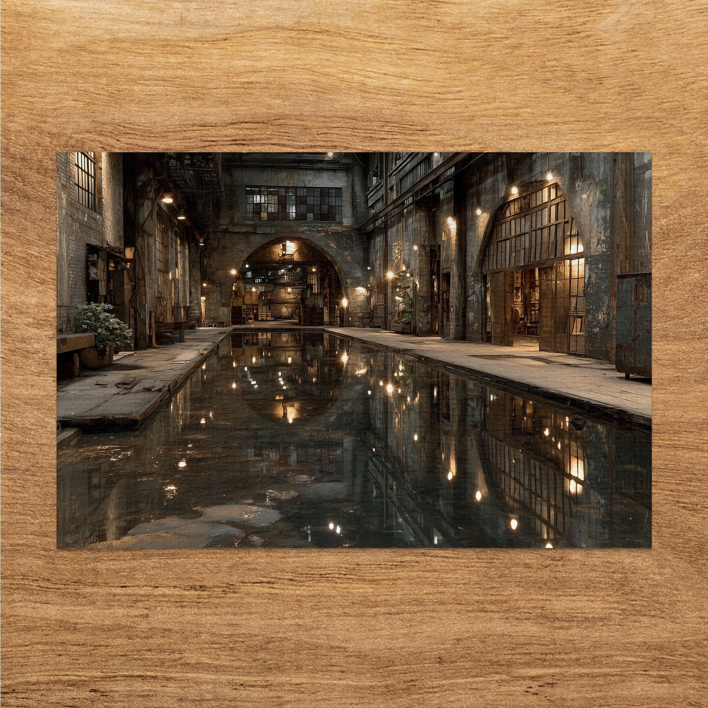 Indoor swimming pool in an industrial-style building with reflections.