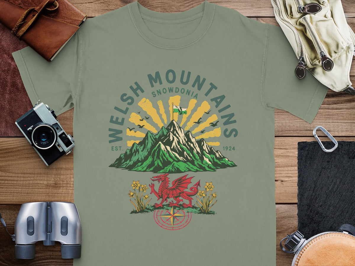 Welsh Mountains Snowdonia graphic with dragon, daffodils, and compass.
