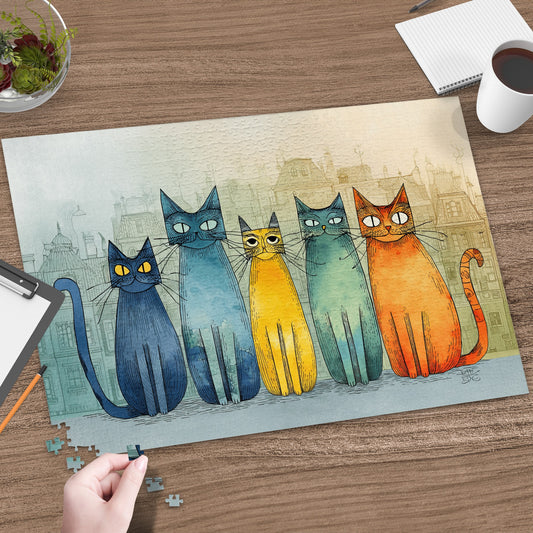 Five colorful cartoon cats in a row on a cityscape background, puzzle pieces scattered.