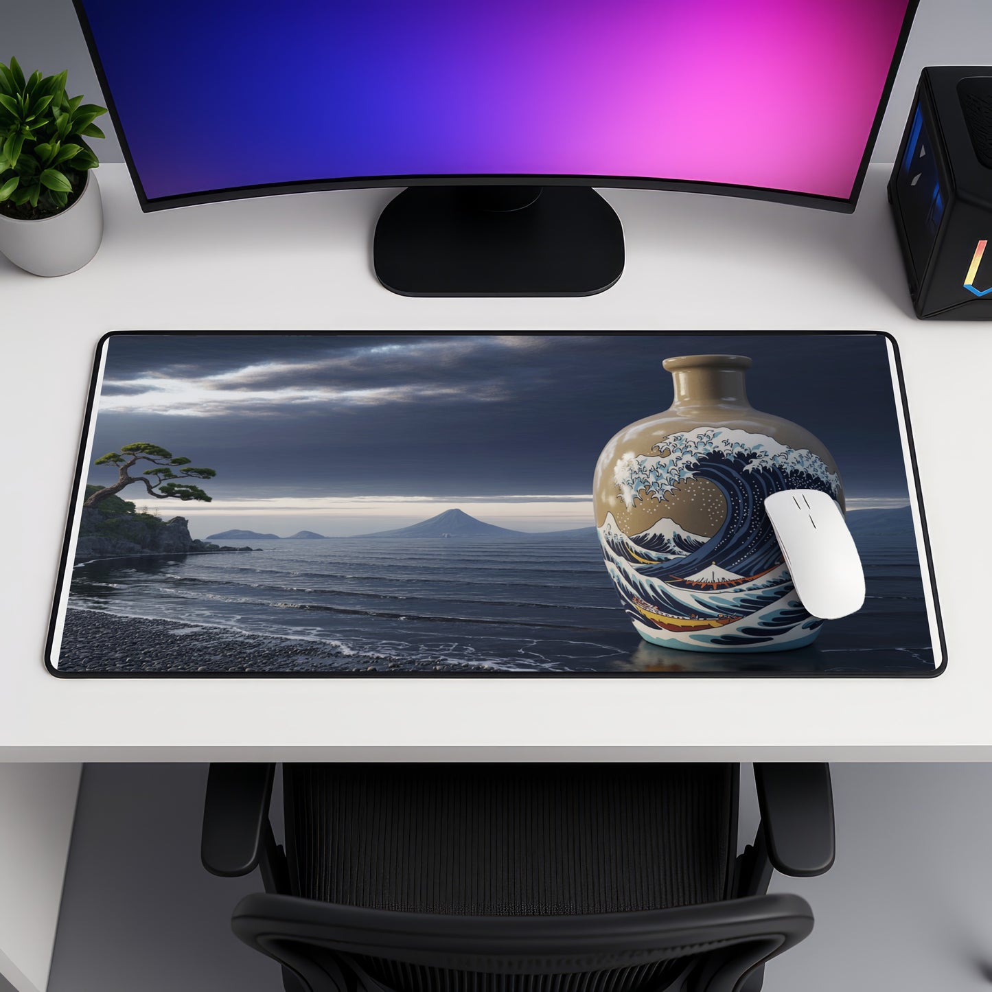 Mousepad featuring a vase with "The Great Wave off Kanagawa" design.