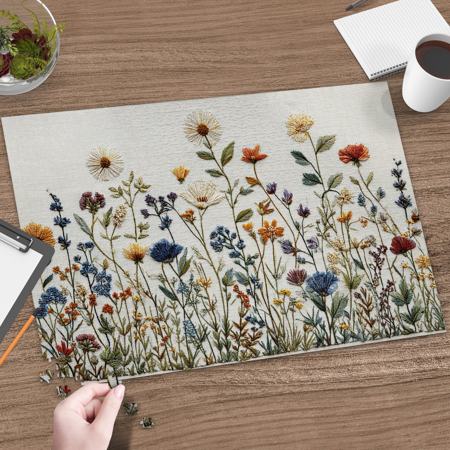 Floral tapestry puzzle with colorful wildflowers on a wooden table.