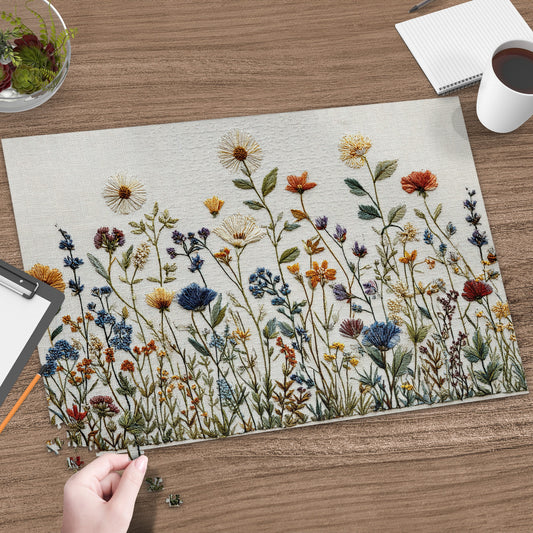 Floral tapestry puzzle with colorful wildflowers on a wooden table.