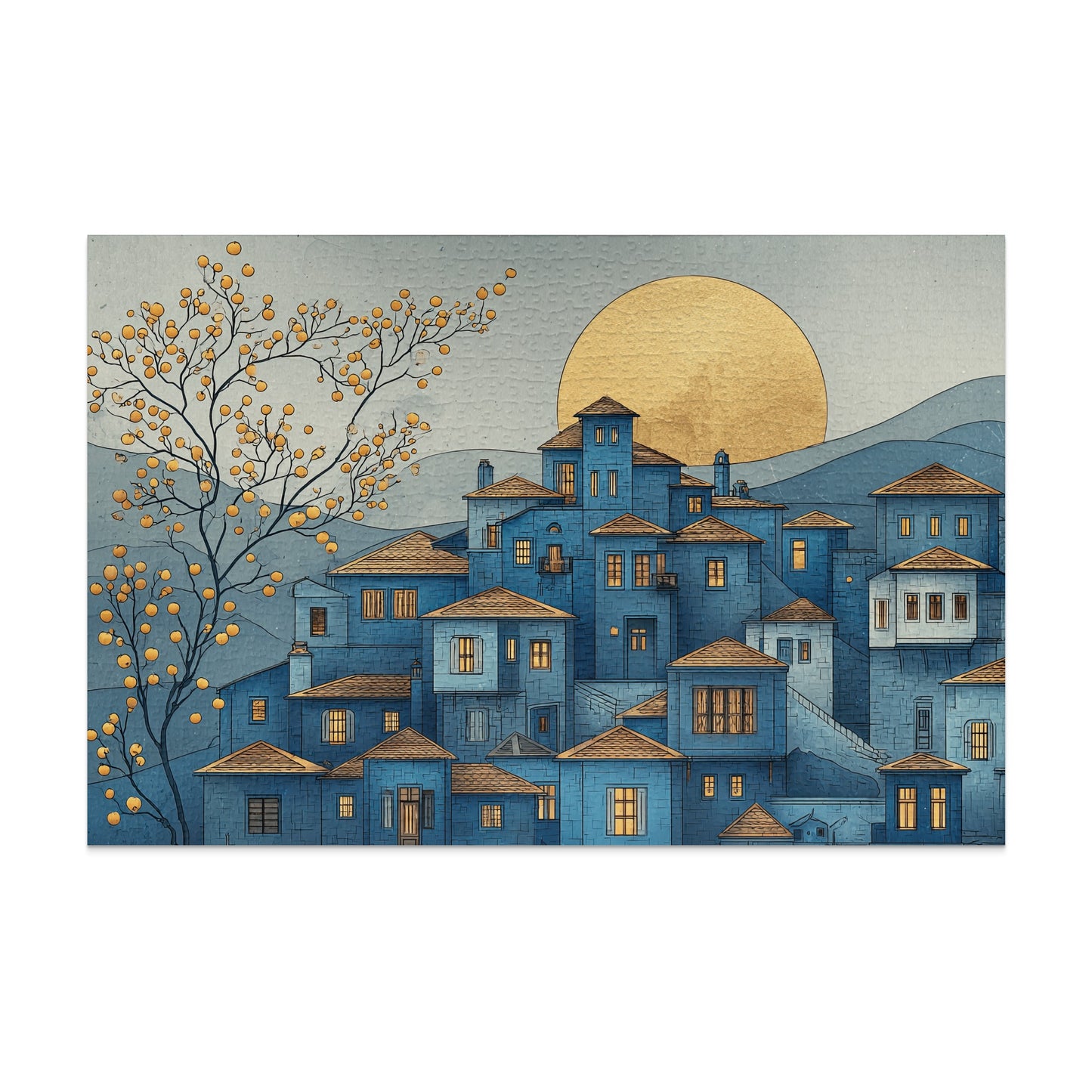 Golden Moon Over Blue Village Art Print Poster