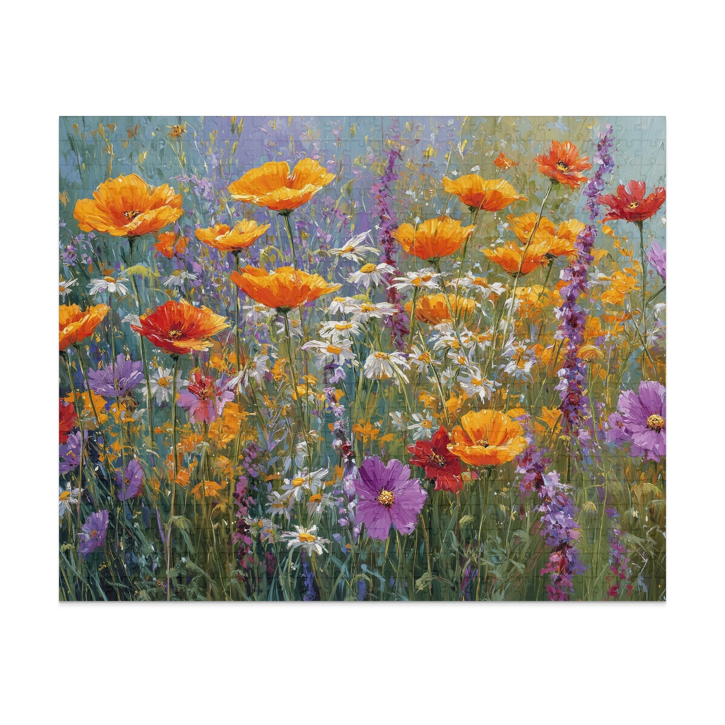 Vibrant oil painting of a field of orange poppies and purple wildflowers.