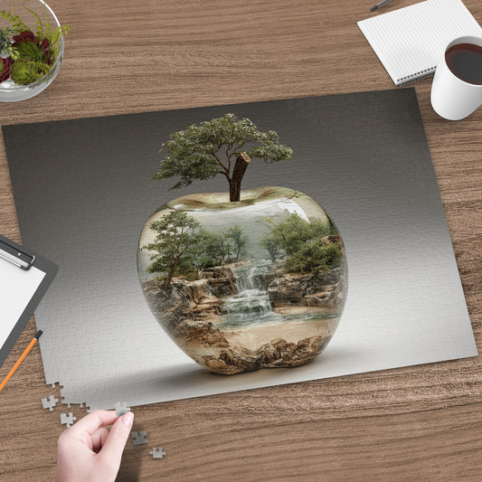 Apple-shaped diorama containing a miniature forest scene with waterfall.