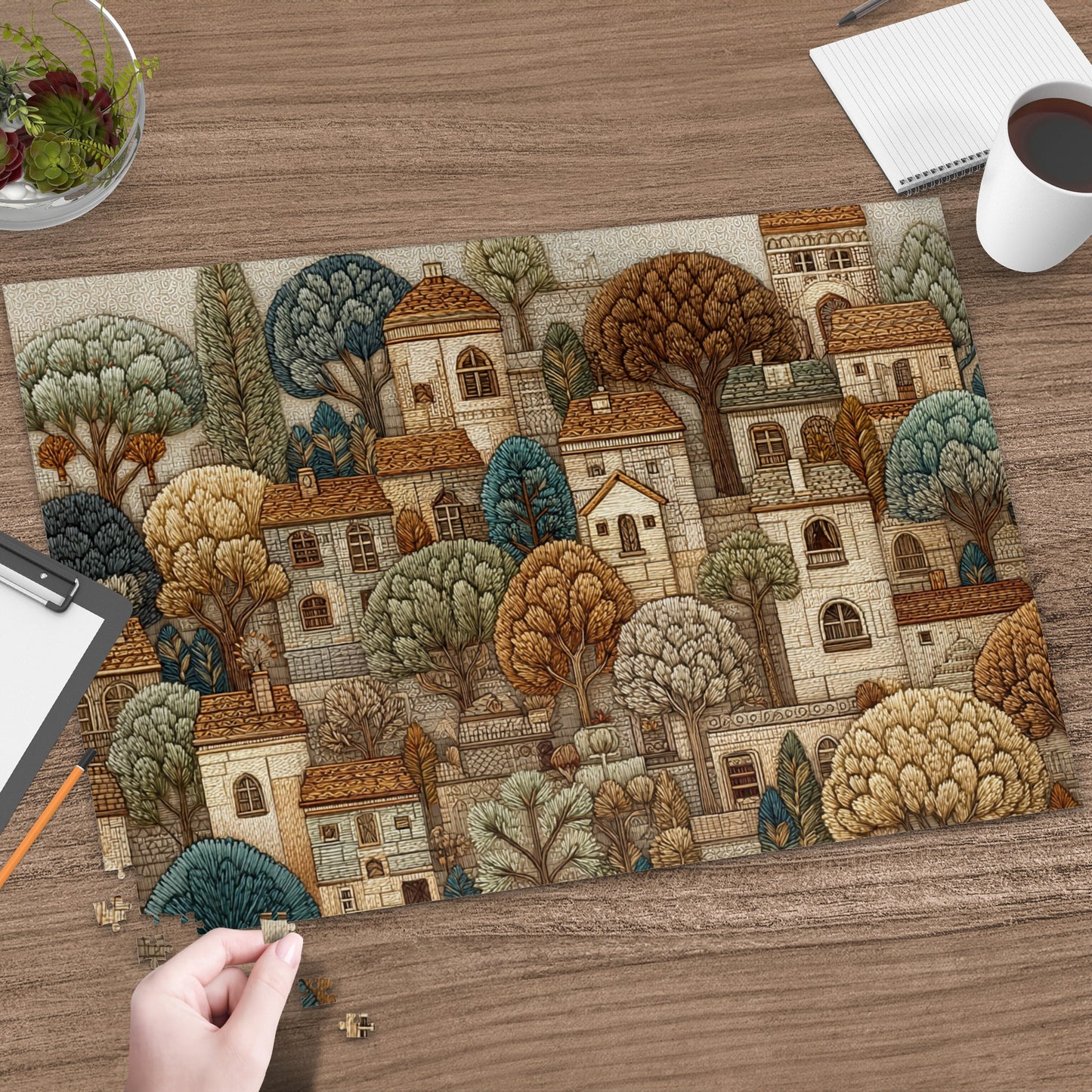Handcrafted Jigsaw Puzzle with Village Landscape Art