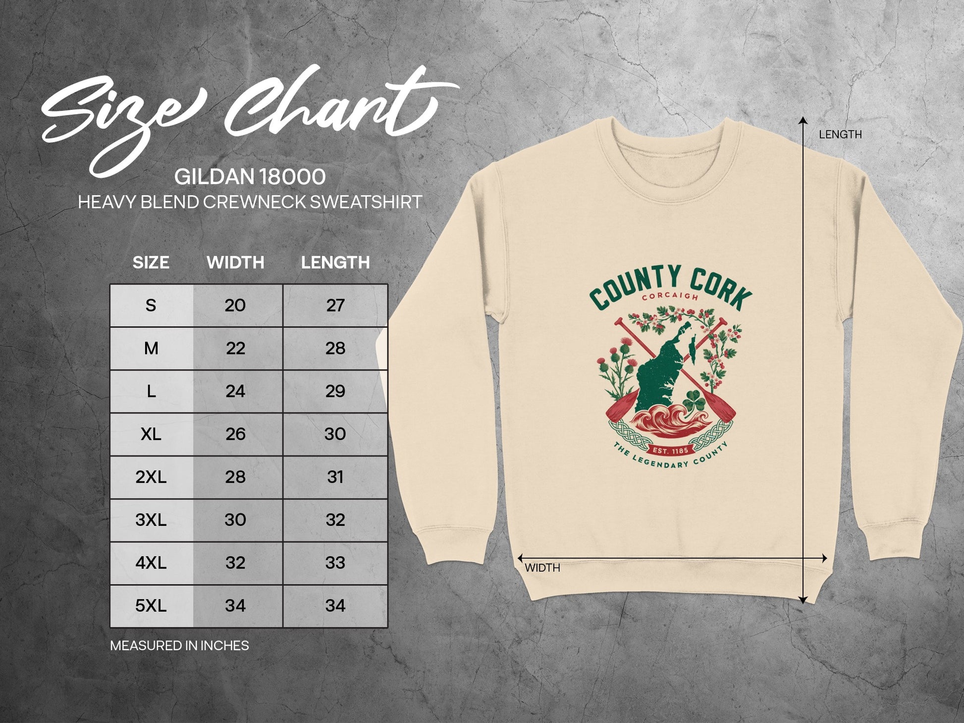 Gildan 18000 heavy blend crewneck sweatshirt size chart in inches.