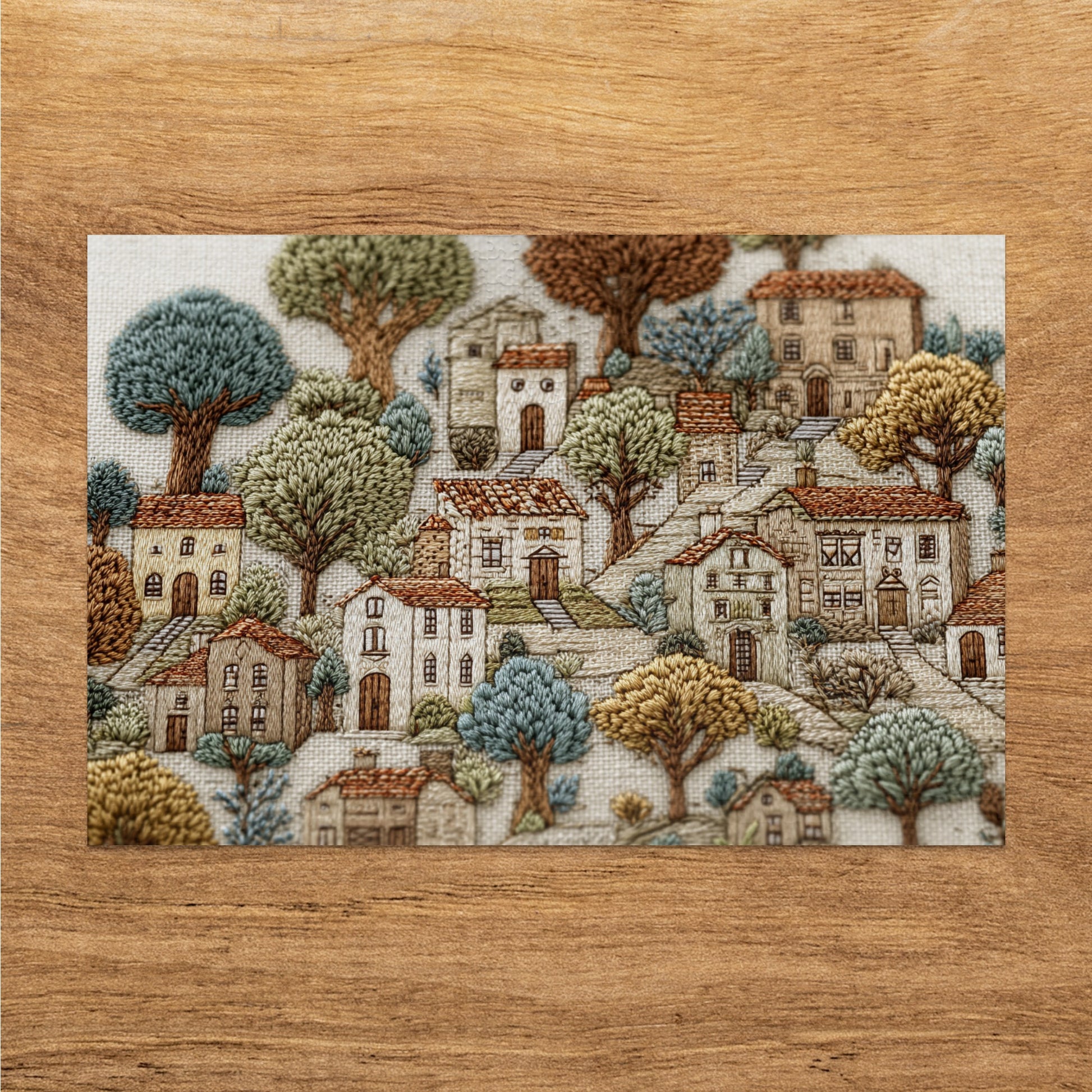 Scenic Embroidered Village Design Art Print House Decor