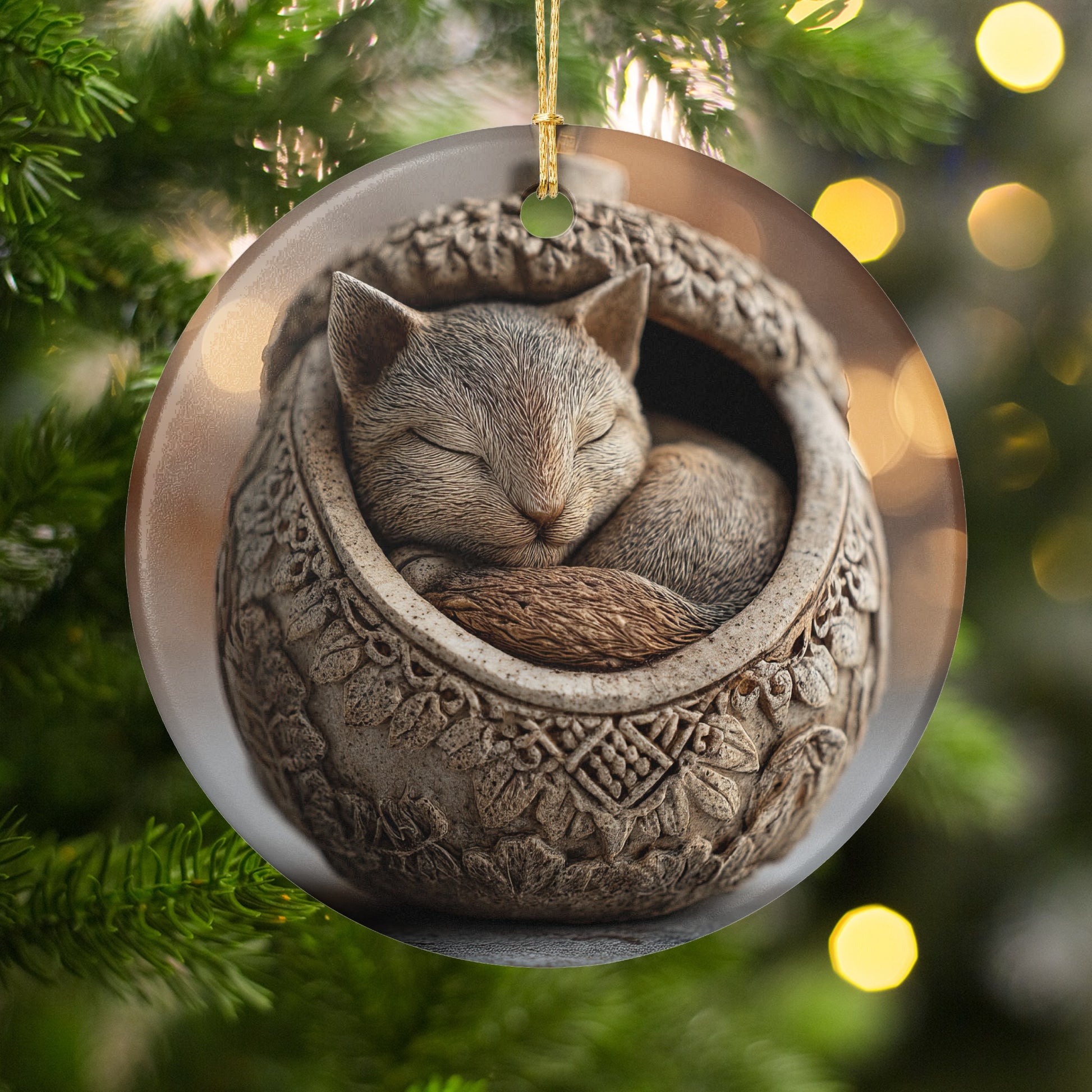Sleeping Cat in Intricate Basket Ornament Product