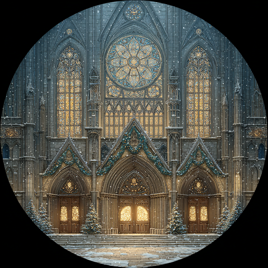Grand Cathedral in Snowy Christmas Scene Art Decor