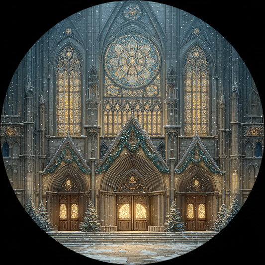 Grand Cathedral in Snowy Christmas Scene Art Decor