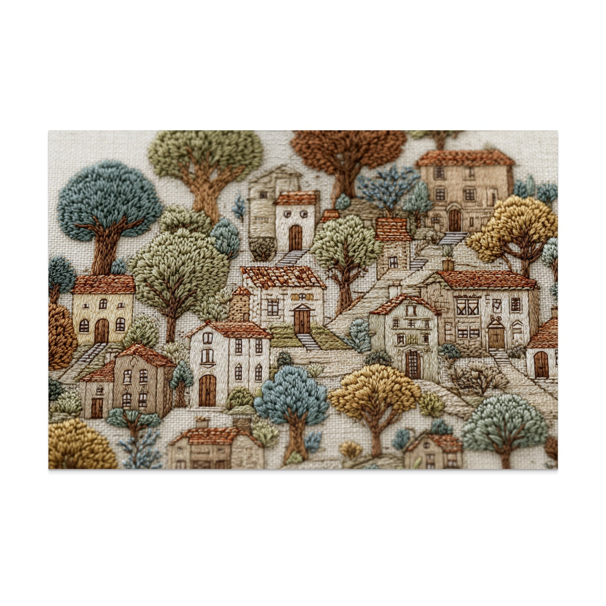 Scenic Embroidered Village Artwork for Home Decor