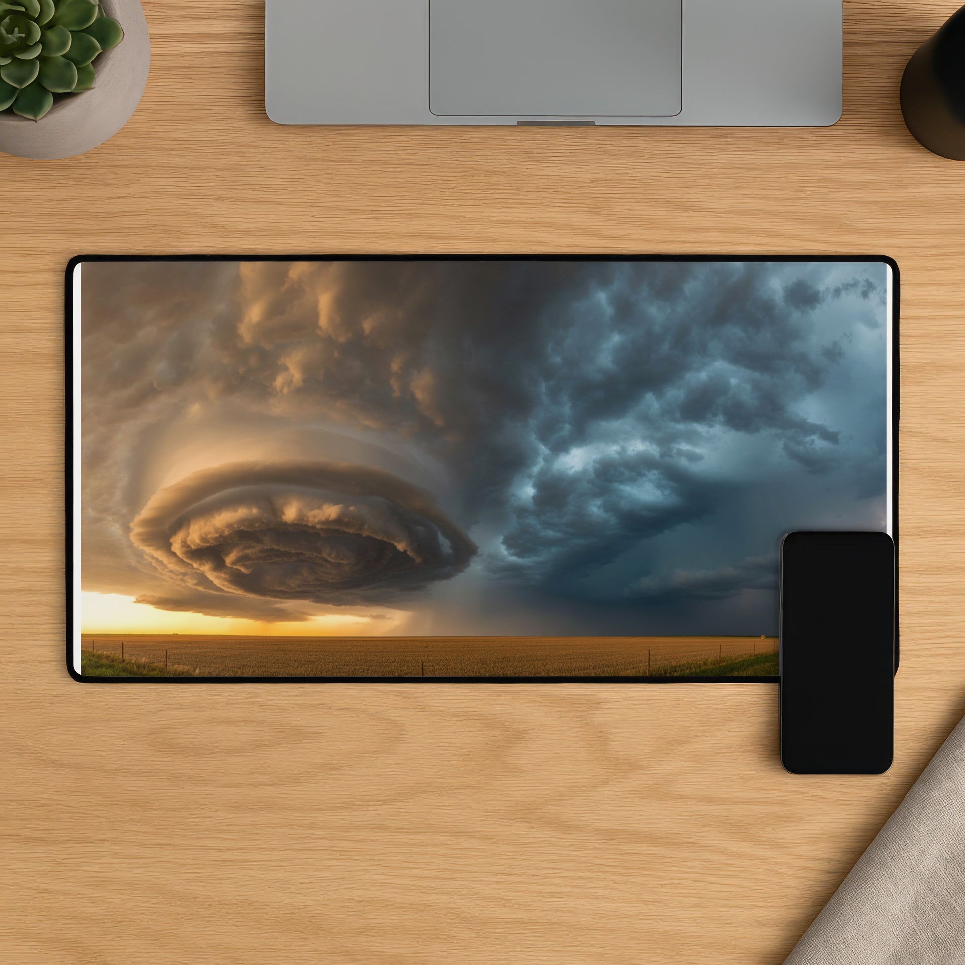 Panoramic mousepad showing a dramatic shelf cloud over a wheat field at sunset.