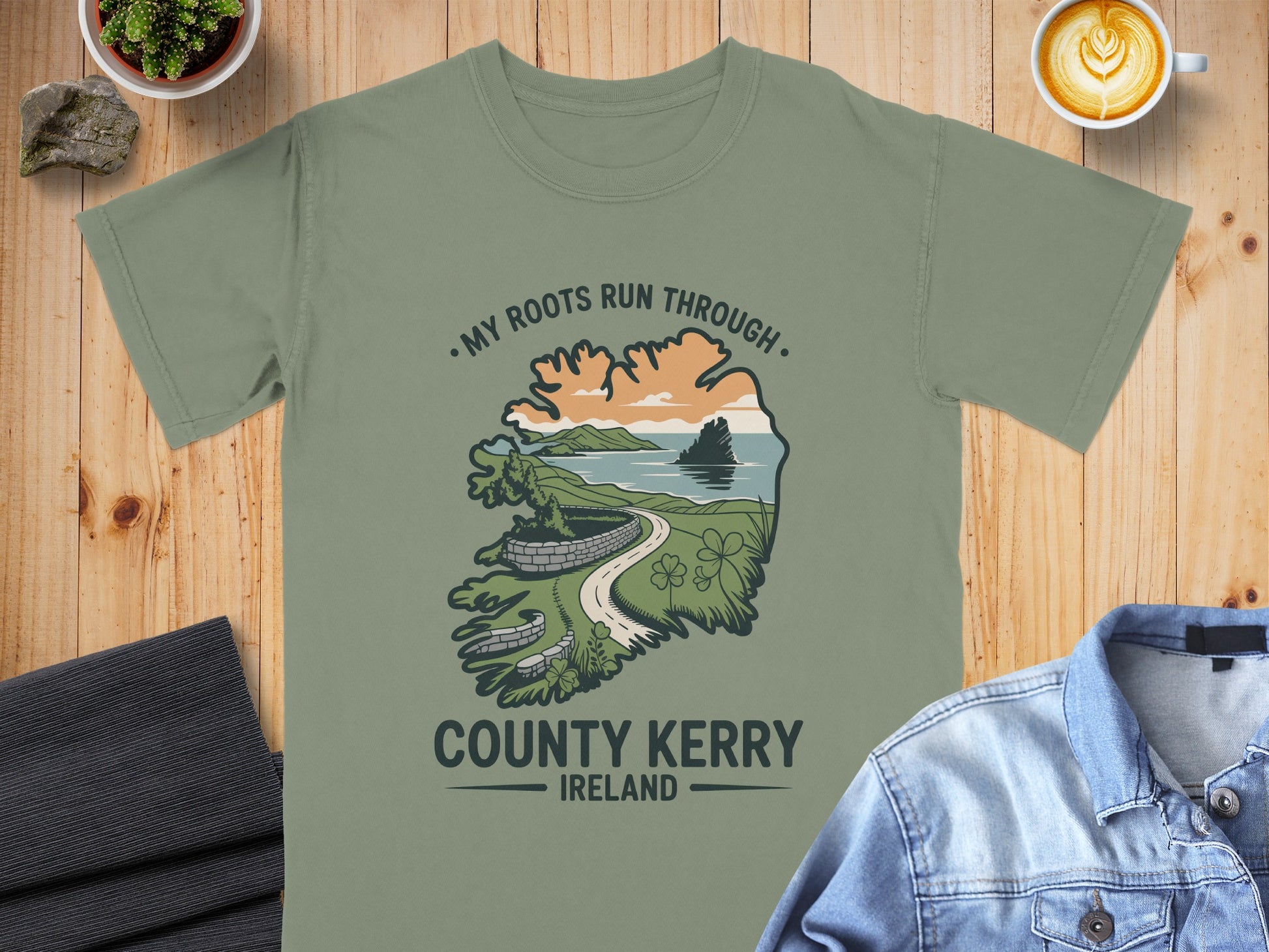 T-shirt with "My Roots Run Through County Kerry Ireland" graphic.