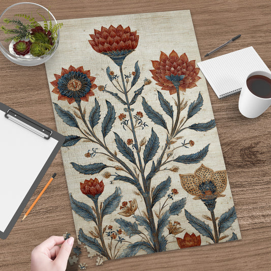 Vintage Floral Print with Rustic Brown and Blue Tones