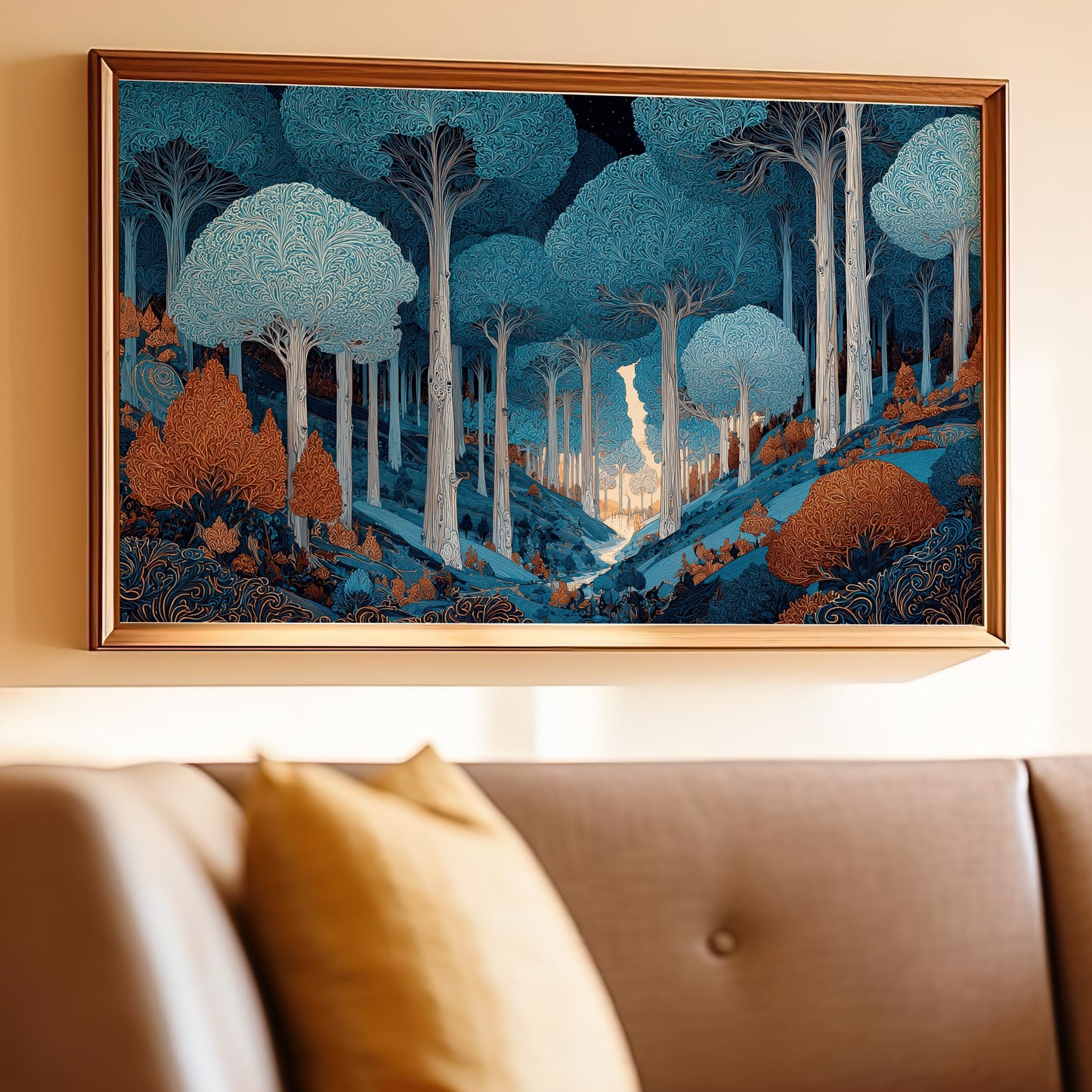 Vibrant Blue Orange Forest Stylized Tree Art product type
