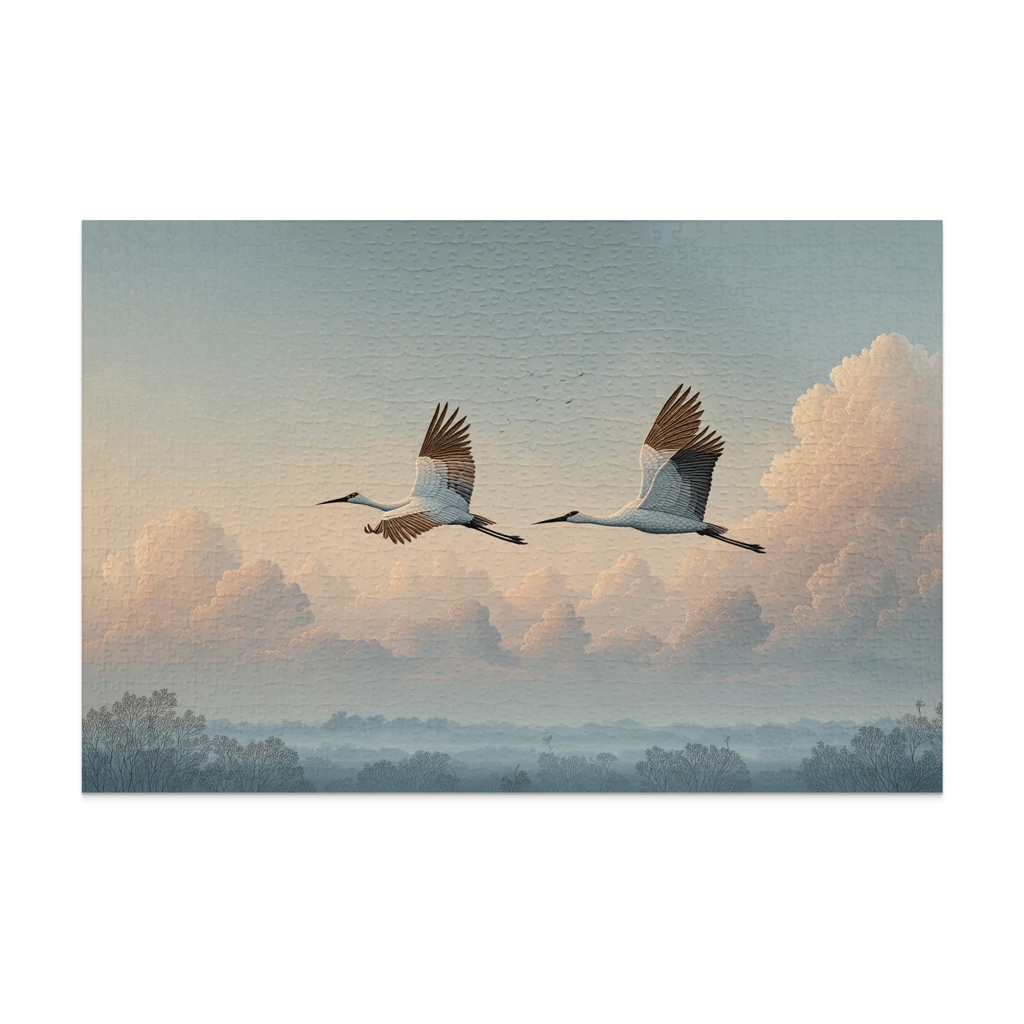Flying Cranes Over Misty Landscape Jigsaw Puzzle