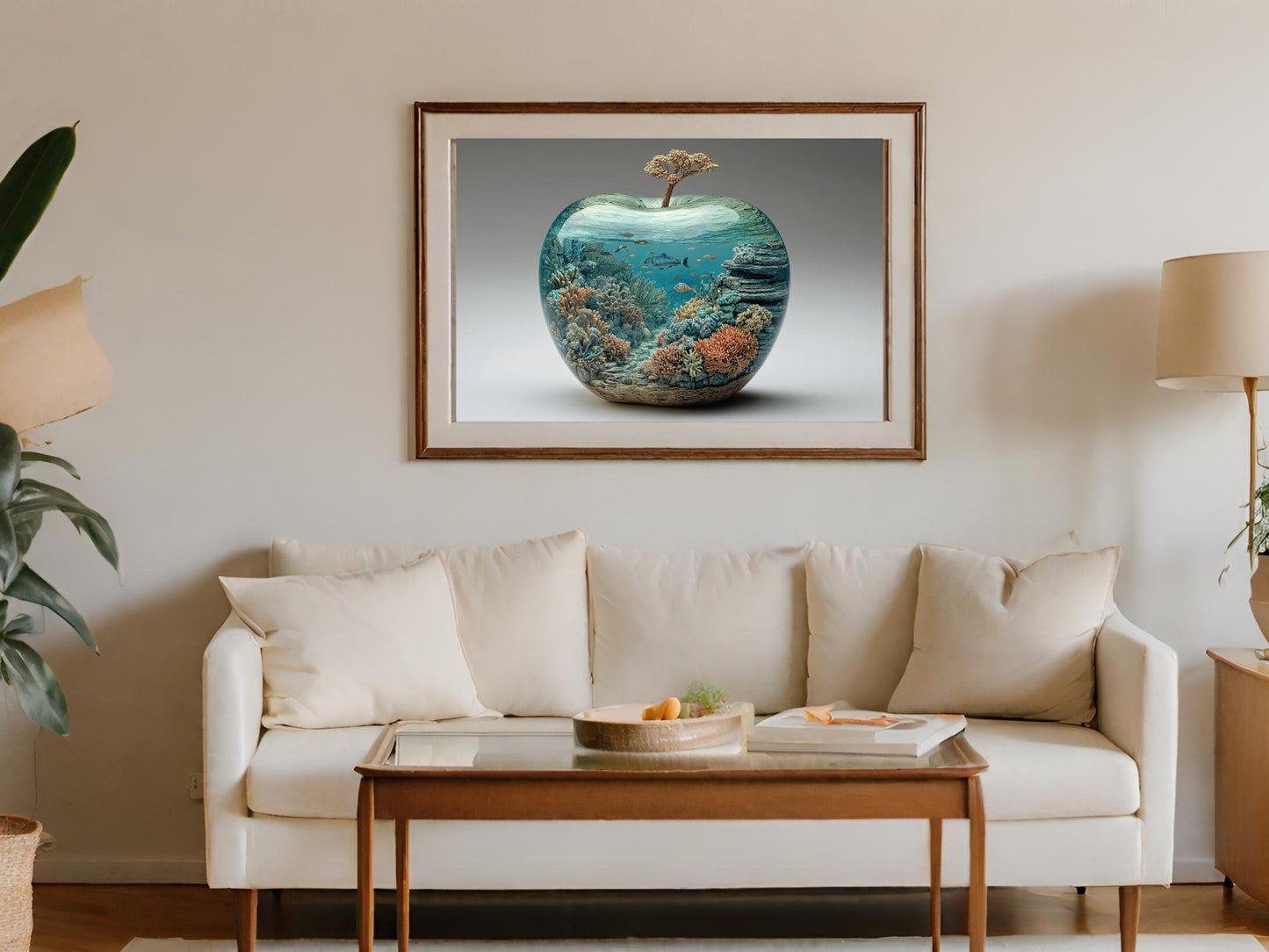 Framed artwork of an apple-shaped aquarium filled with coral reef and fish.