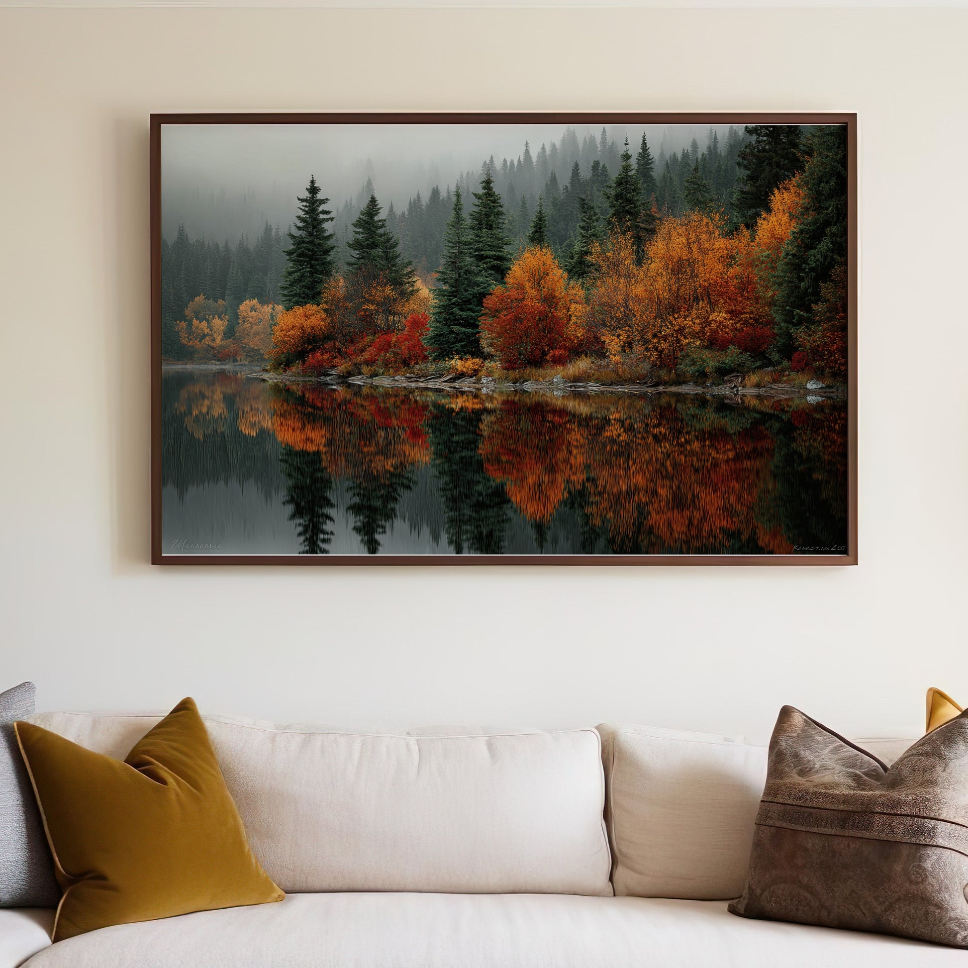 Serene Autumn Forest and Lake Wall Art Print