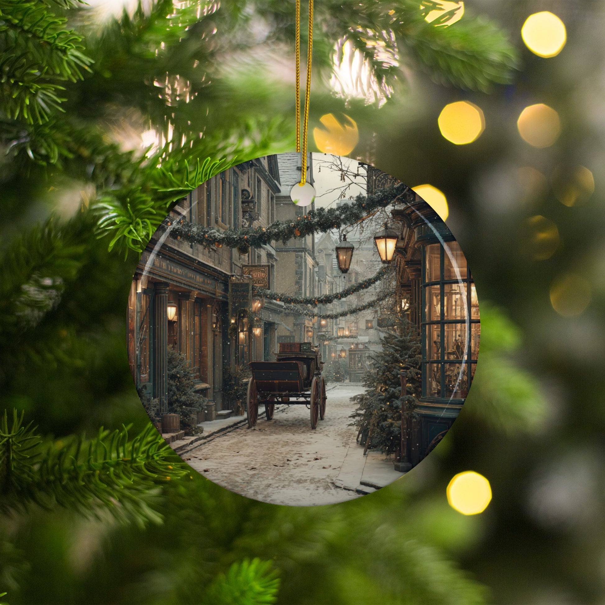 Vintage Snowy Street Scene Christmas Ornament