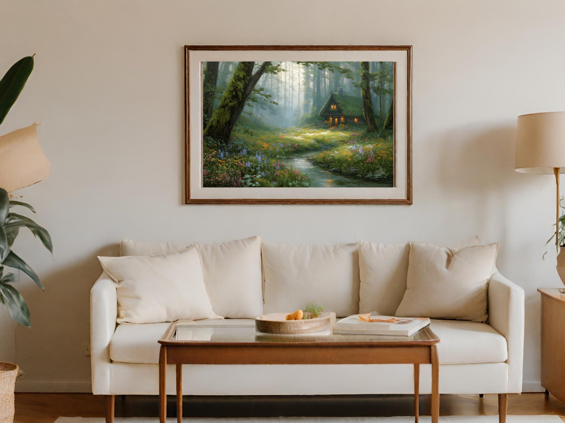 Magical forest glowing cabin stream flowers framed painting product type