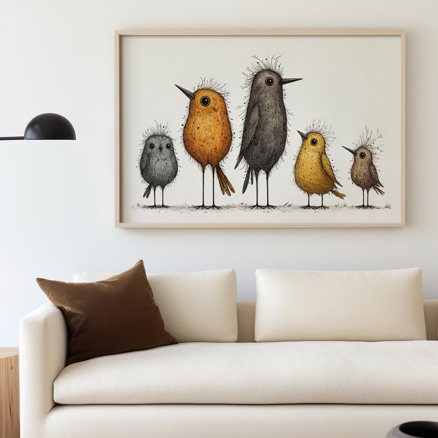 Five cartoon birds in a framed print above a sofa.