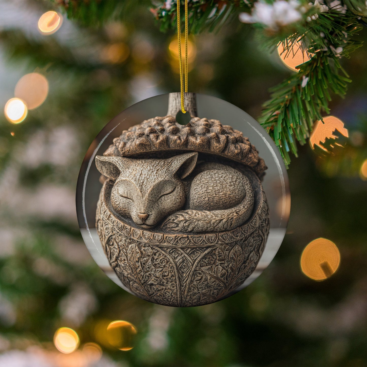 Adorable Cat Sleeping in Acorn Ornament for Christmas
