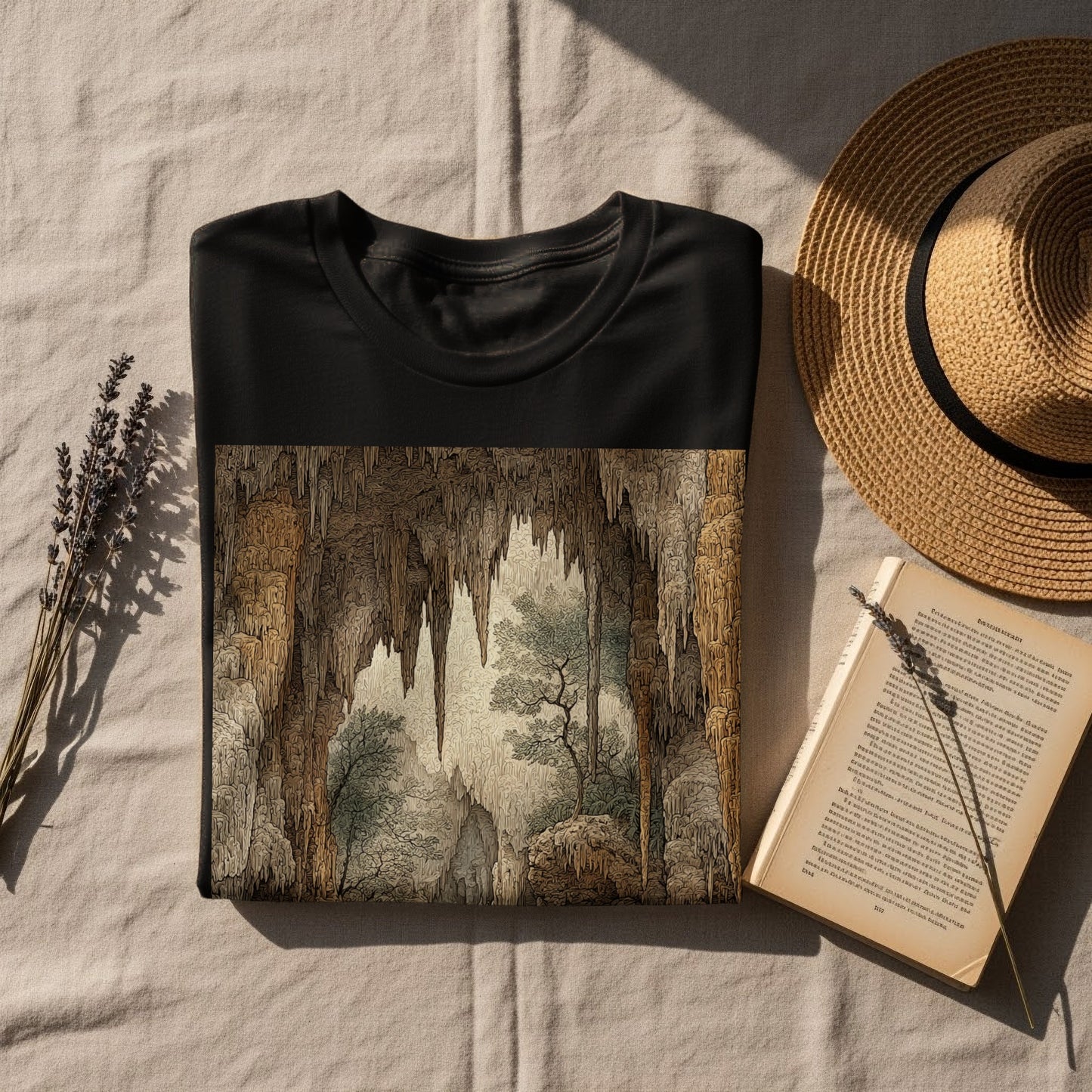 Scenic Cave Illustration on Black T-Shirt Product