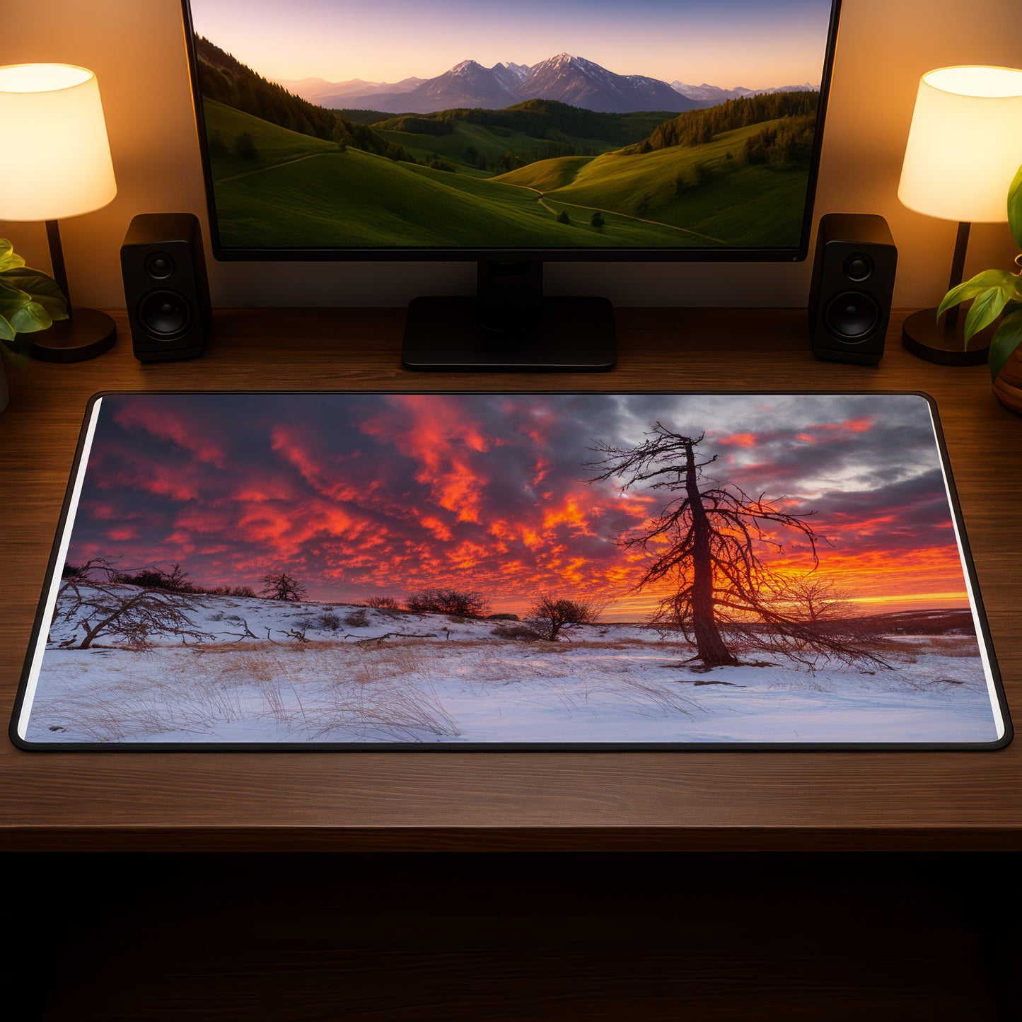 Desk mat with a vibrant sunset over a snowy landscape and silhouetted trees.