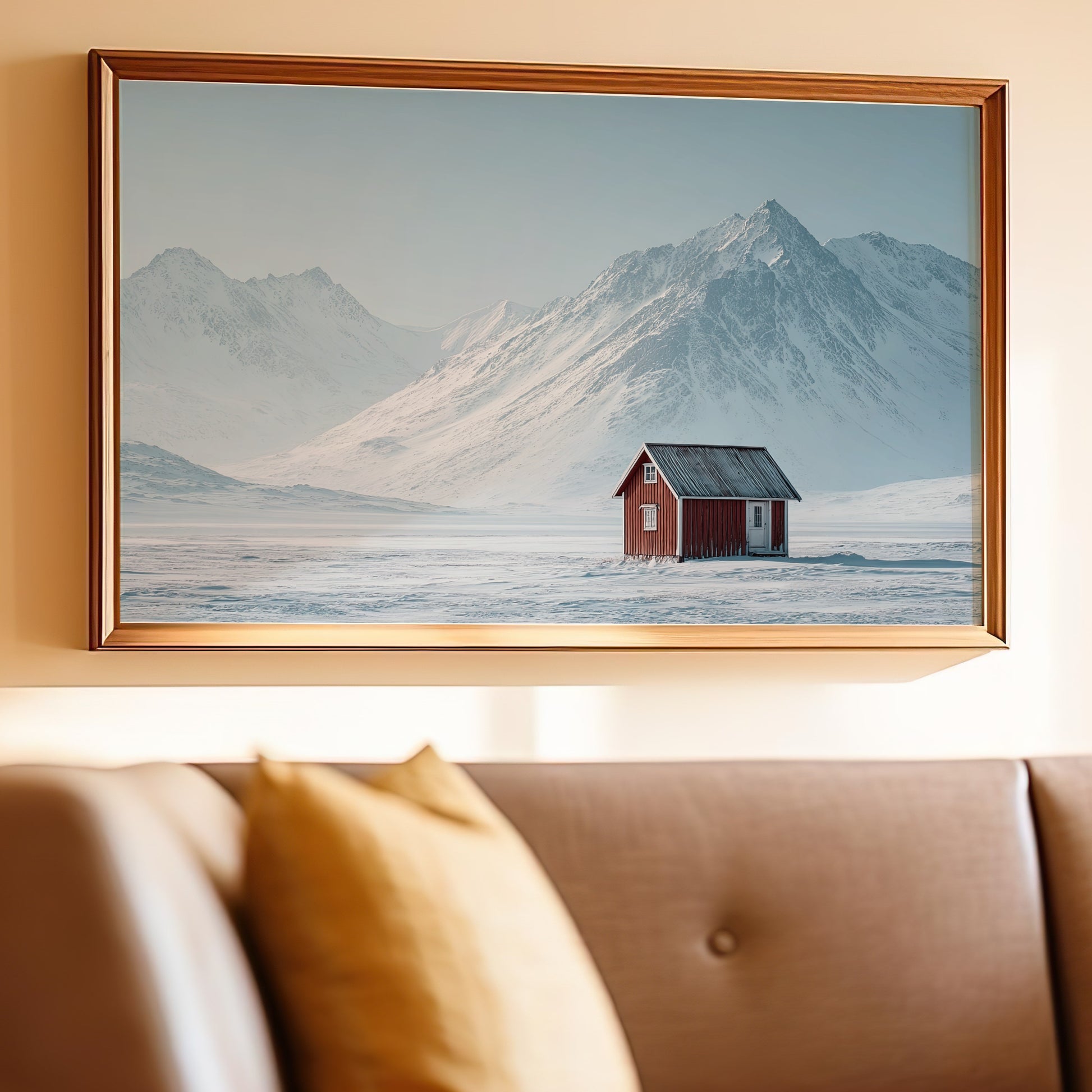 Red Cabin in Snowy Mountain Landscape Wall Art