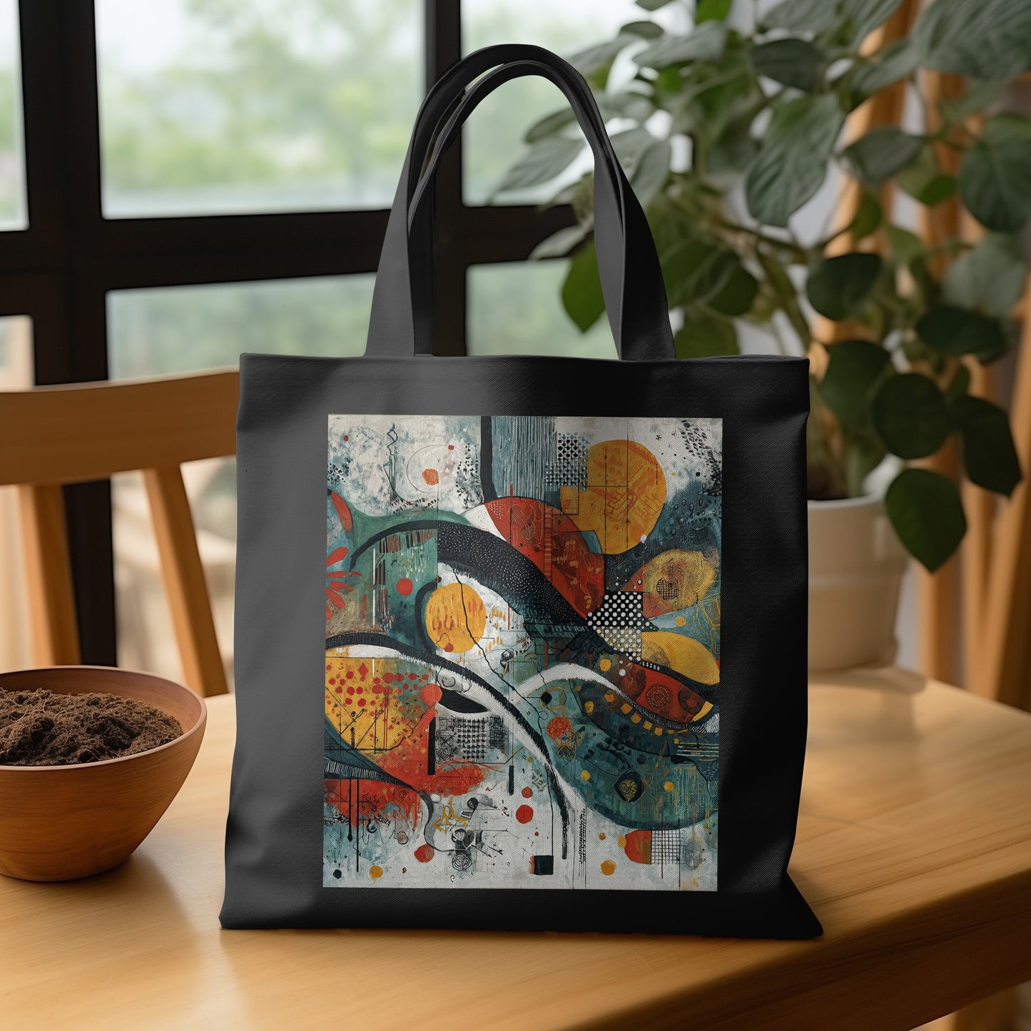 Vibrant Abstract Circles Lines Tote Bag product type
Tote bag, Abstract art, Colorful design, Modern art, Artistic bag, Unique design, Fashion accessory, Everyday bag, Gift idea, Shopper bag, Graphic print, Contemporary art, Black tote, Geometric shapes, Textured art, Vibrant colors, Statement piece, Art lover, Patterned bag, Abstract pattern