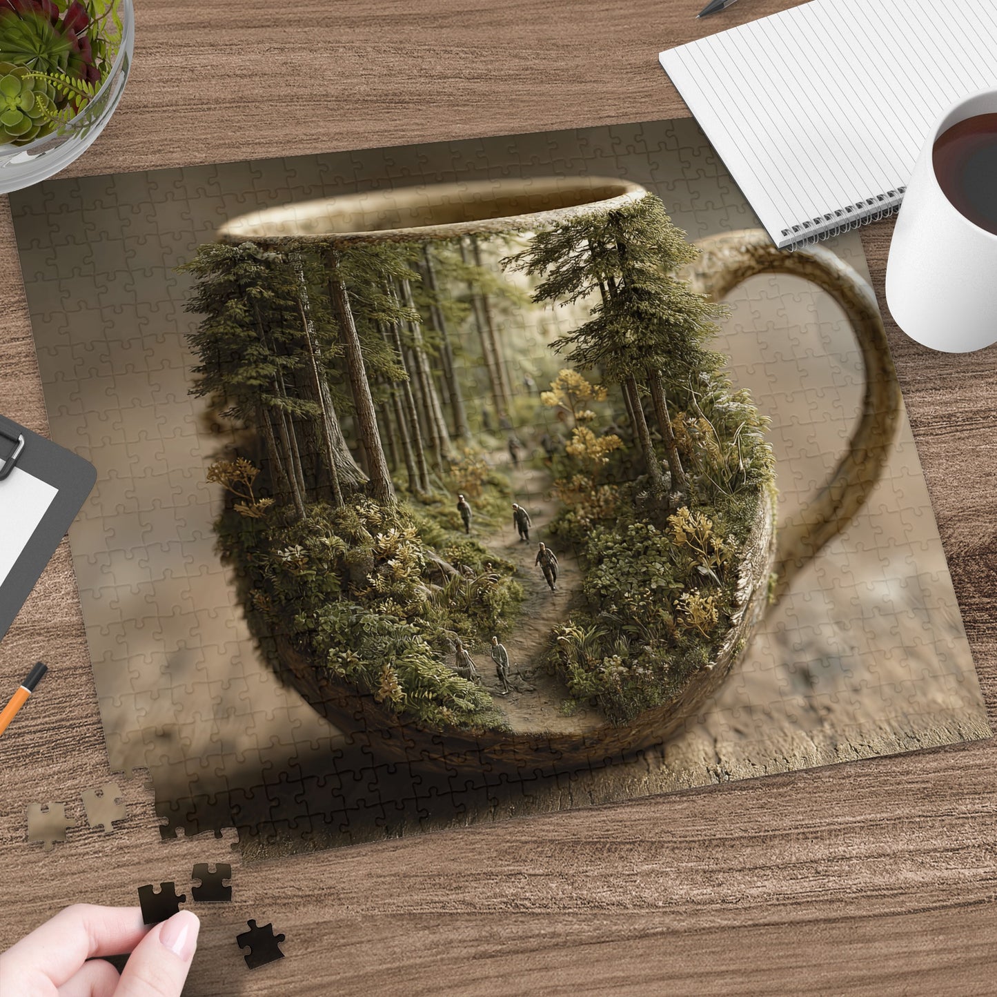 Jigsaw puzzle featuring a forest landscape within a coffee mug.
