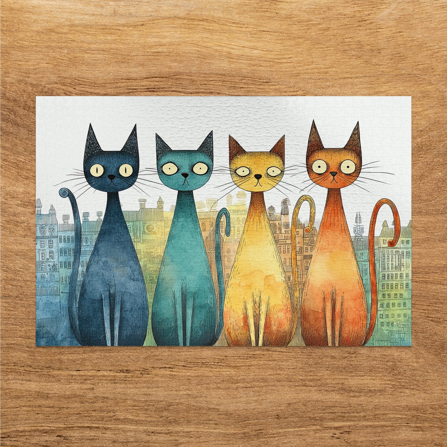 Four stylized cats in blue, teal, orange, and red against a city backdrop.